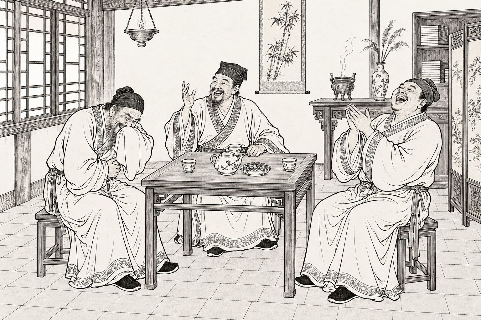 A line drawing in the manner of a late-Qing lithographed edition: In the daytime main room of a town house, three seated men in long gowns and soft caps burst out laughing around a small square table set with a teapot, cups and a dish of melon seeds, one clapping with his head thrown back, one raising a hand mid-story, one bent over with his sleeve at his mouth, with a latticed window, a bamboo scroll, an incense table, a bookcase and a folding screen behind them.