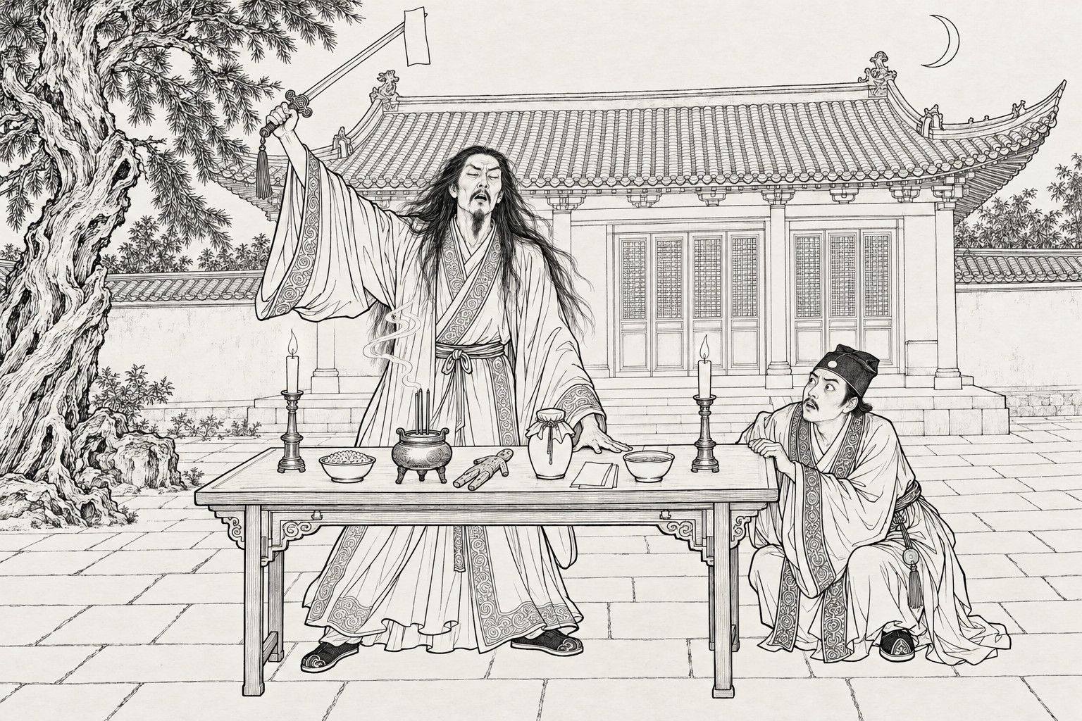 A line drawing in the manner of a late-Qing lithographed edition: in a temple courtyard at night, a Daoist with long loose hair stands behind an incense table holding up a sword with a paper slip on its tip, his other hand over a jar tied with cloth, a doll, candles and an incense burner on the table, while a man in a cap crouches at the right watching wide-eyed.