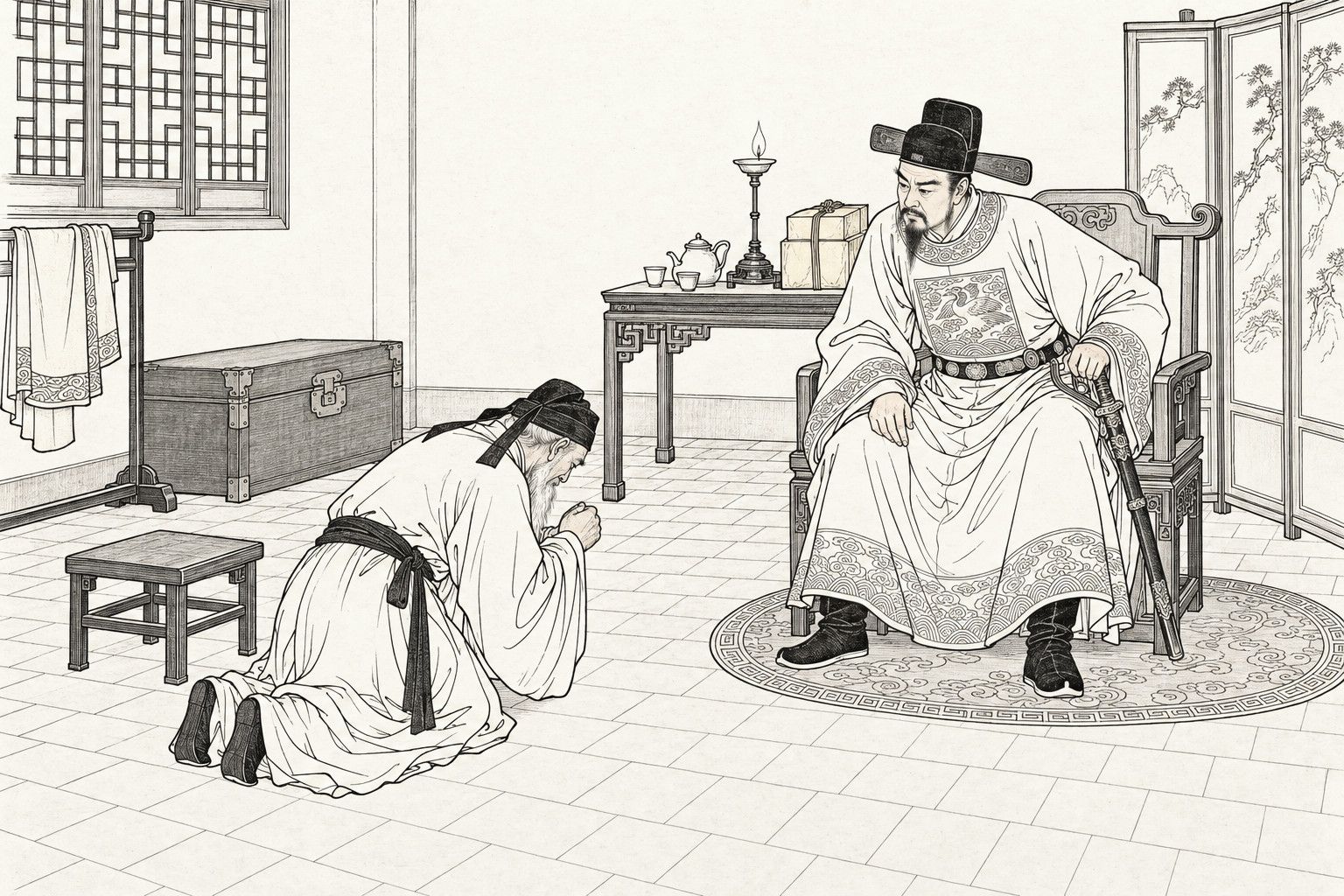 仿清末石印本的線描：深夜驛站客房裡，戴烏紗帽、著圓領官袍的官員端坐椅上，手按佩劍，神情持重地望著面前跪地深躬、拱手行禮的白鬚老吏，四周有油燈、茶具、供盒、屏風、格窗、行箱和方磚地面。