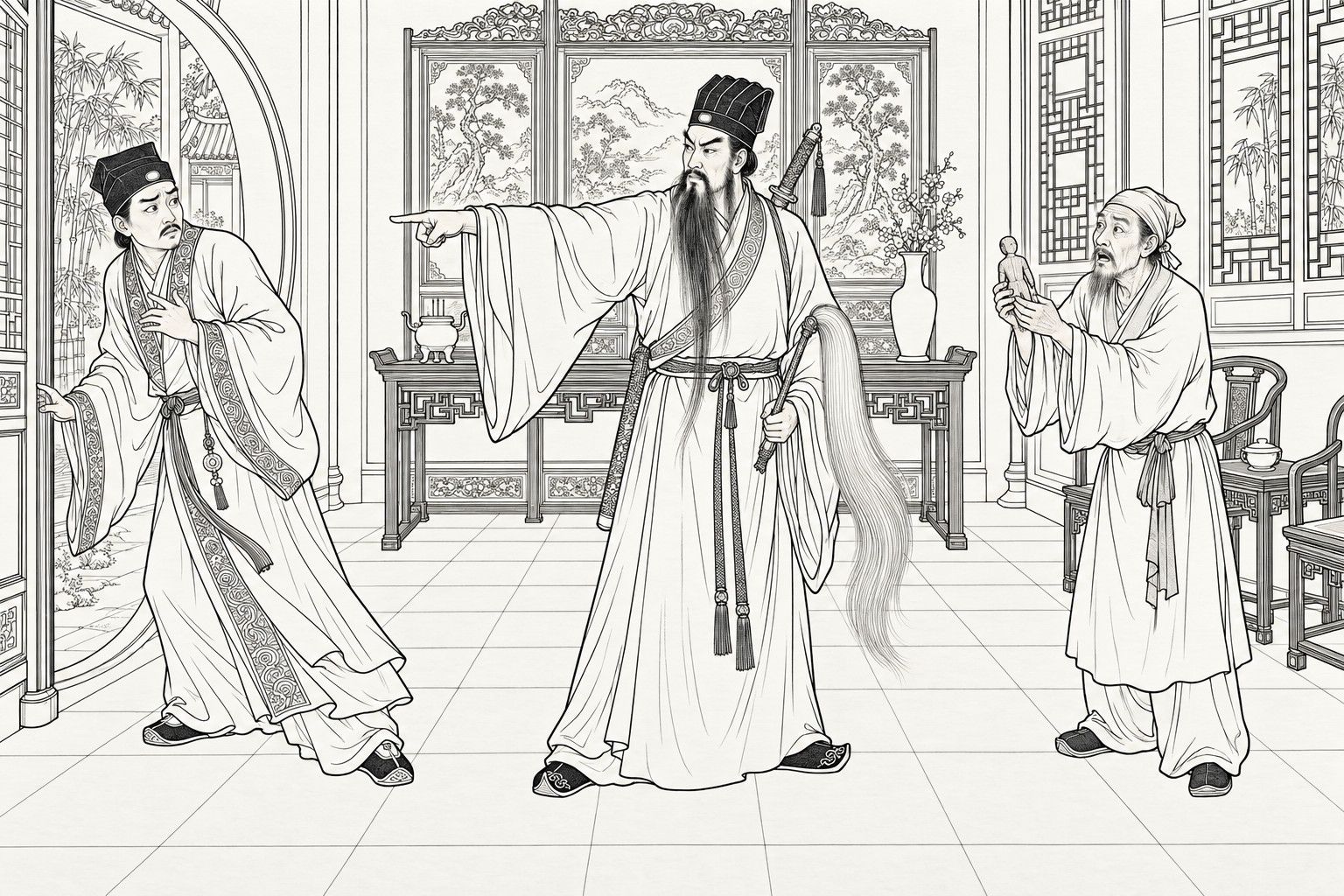 仿清末石印本的線描:掛著山水屏風的正廳裡,持拂塵的長鬚道士一臂向前直指;左邊戴帽的青年臉色發白,向圓門邊退去;右邊裹頭巾的老僕雙手舉起一個小木偶,盯著看。