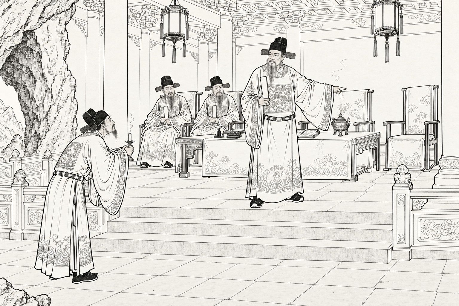 A line drawing in the manner of a late-Qing lithographed edition: inside a bright pillared hall at the mouth of a cave, a bowing official holding a burnt-out candle pleads from the floor below the steps, while a bearded senior official holding a tablet stands on the platform and points to an empty armchair at the end of the row, with two more officials seated behind and a table with an open register and an incense burner between them.