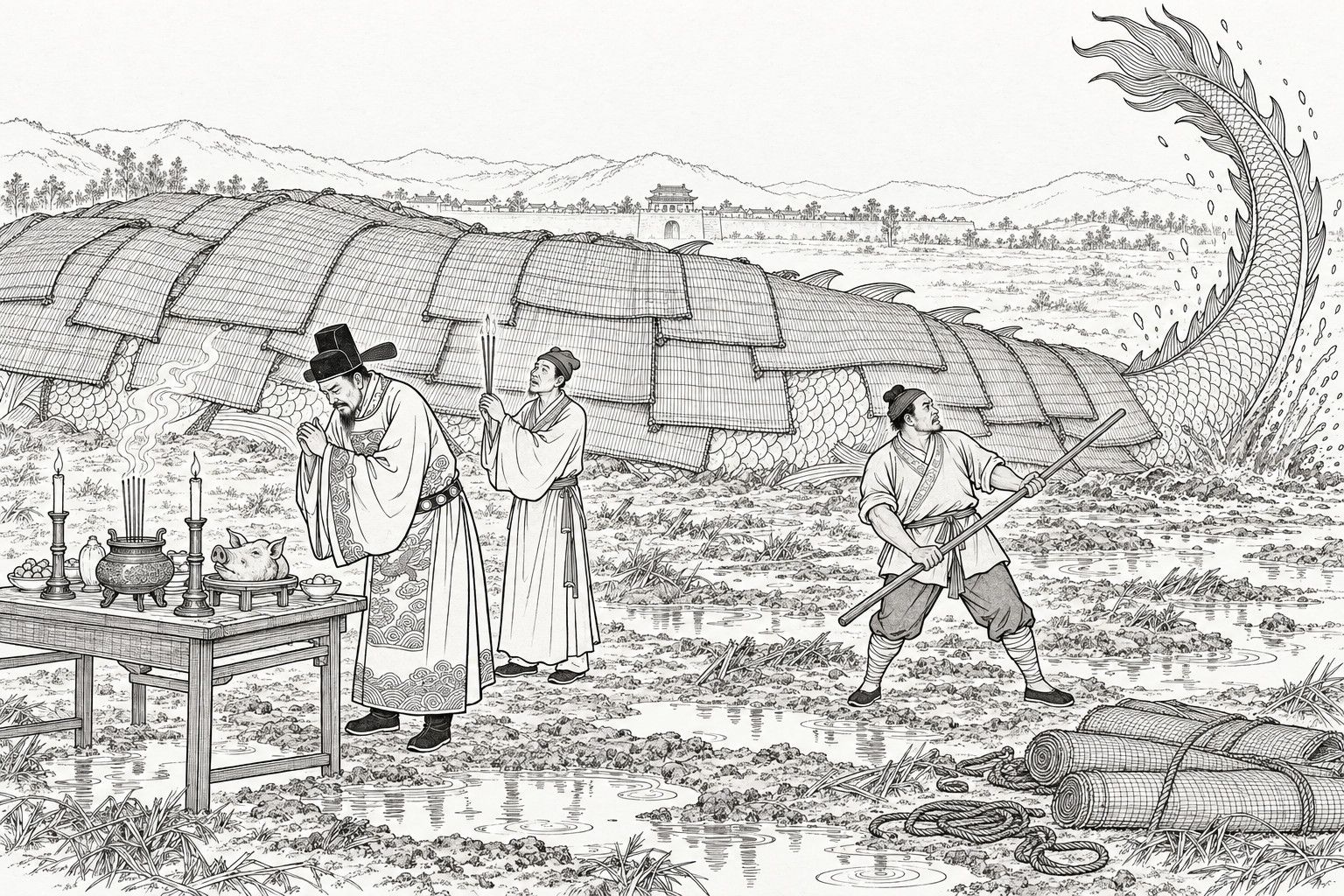 A line drawing in the manner of a late-Qing lithographed edition: In a muddy open field outside a county town after heavy rain, a magistrate in official hat and robe bows with clasped hands at a sacrificial table set with candles, an incense burner and a pig's head, while a clerk behind him holds up burning incense and a runner at the right braces with a long pole, all watching a huge dragon whose body lies under overlapping straw mats and whose scaly tail rises high at the right and splashes the mud, with low hills and a town wall in the distance.