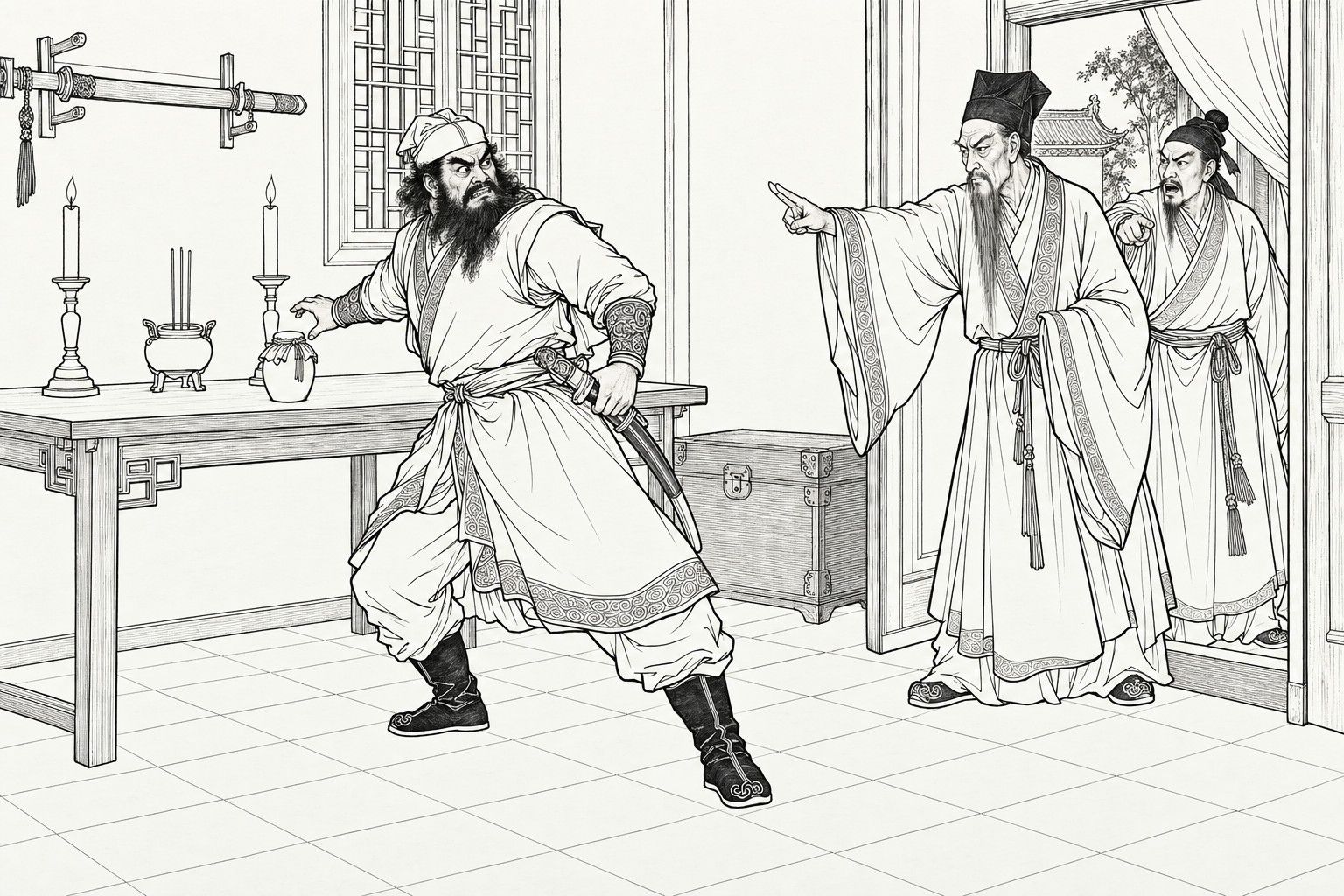 A line drawing in the manner of a late-Qing lithographed edition: in a room at night, a bearded man in a headcloth stands rigid with one hand on his half-drawn knife and the other stretched toward a jar on a long table with candles, frozen in anger, while an older Daoist in the doorway points two fingers at him and a younger Daoist glares behind.