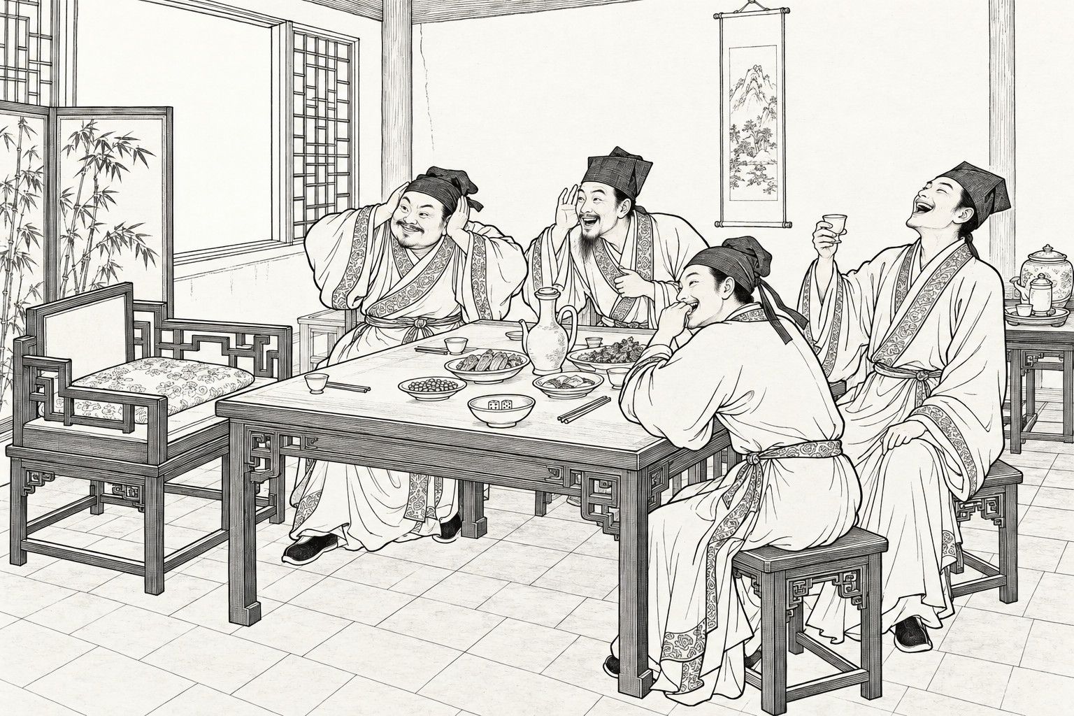 A line drawing in the manner of a late-Qing lithographed edition: in the guest room of an inn by day, four scholars in long gowns and soft caps sit laughing round a square table set with a wine pot, cups, dishes and a dice bowl, one covering his ears, two leaning in to listen and one throwing back his head with a raised cup, all turned toward an empty cushioned seat at the left, with a bamboo screen and a lattice window behind.