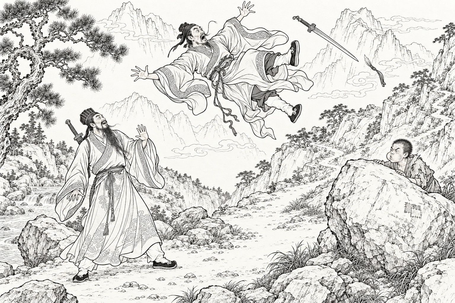 A line drawing in the manner of a late-Qing lithographed edition: on a rocky mountain slope, a wicked Daoist is thrown high through the air with flailing limbs, his sword and a whisk flying from his hands, while a bearded Daoist watches from below laughing and a ragged young monk crouches behind a boulder with puffed cheeks.