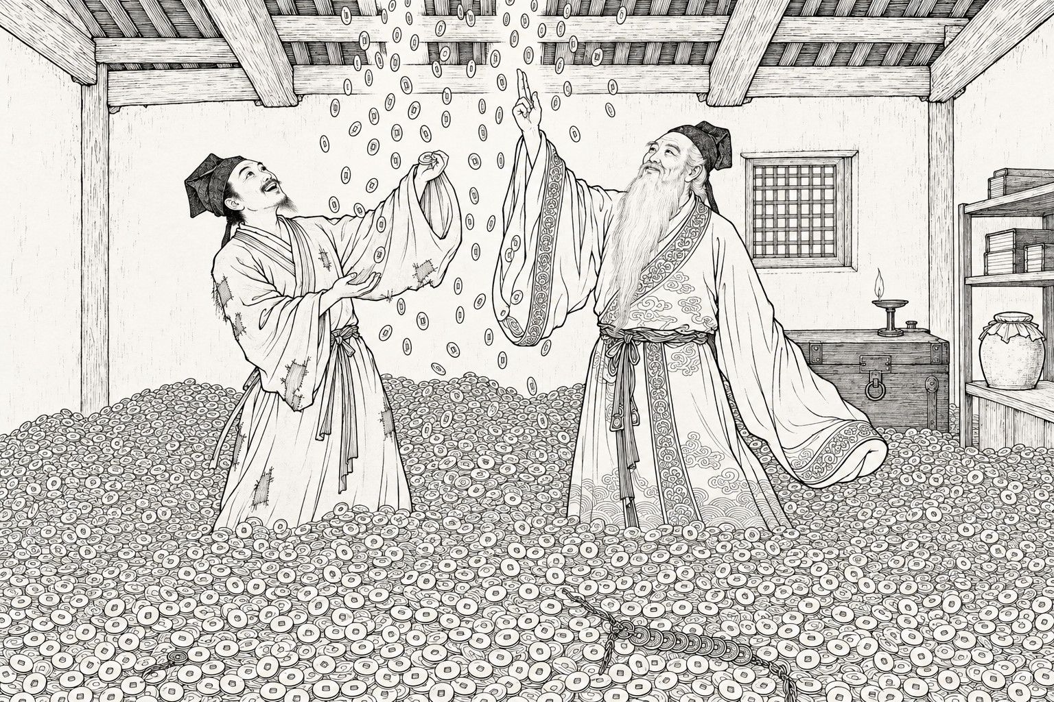 A line drawing in the manner of a late-Qing lithographed edition: inside a plain back room of a scholar's house beneath heavy roof beams, a white-bearded old gentleman in a wide-sleeved robe raises two fingers toward the rafters while a poor young scholar in a patched gown tips his head back with a delighted smile and lifts a sleeve, both standing deep in a great heap of square-holed coins that rain down from the beams, with a lattice window, an iron-bound chest, a lamp and a shelf with books and a jar behind them.