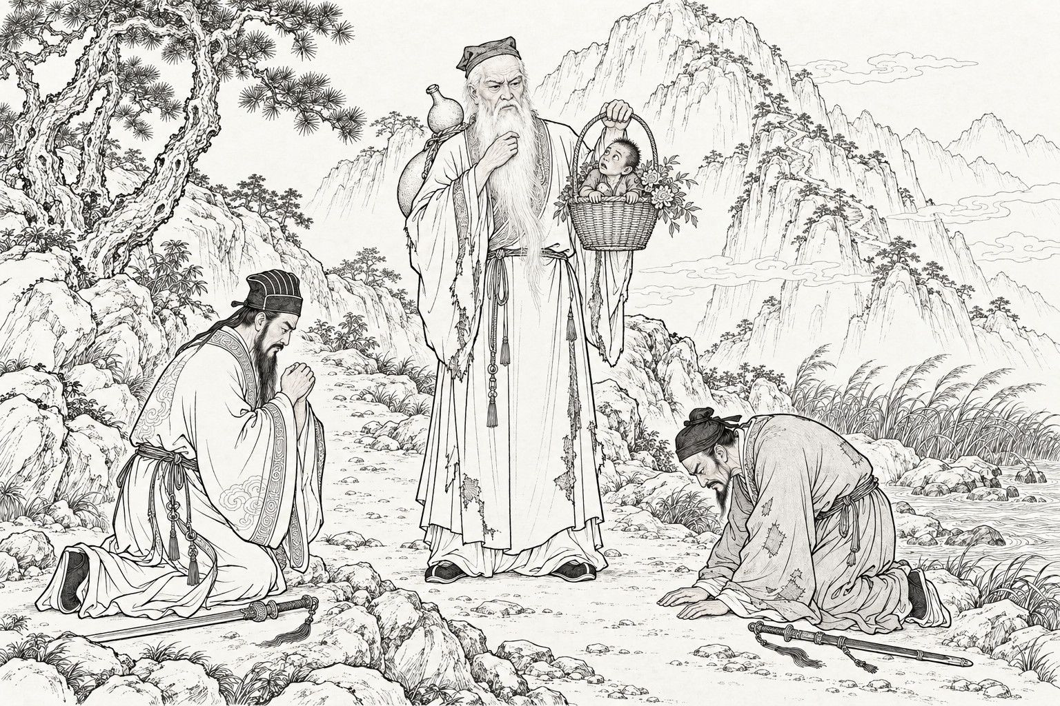 A line drawing in the manner of a late-Qing lithographed edition: on a rocky slope under a pine, a tall old hermit with a long white beard and a gourd on his back holds up a flower basket with a tiny doll-sized monk peeping out of it, while a Daoist kneels at the left with palms joined and another kneels bowing to the ground at the right, a sword lying by each.