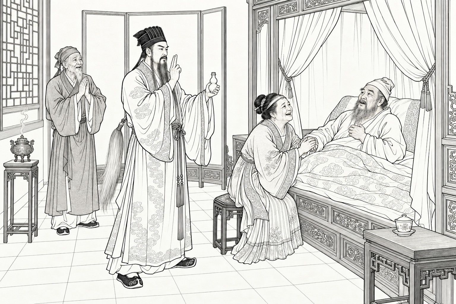 A line drawing in the manner of a late-Qing lithographed edition: in a bedchamber with a curtained bed, a tall Daoist with a whisk holds up a small gourd bottle and two fingers, an old man lies propped on the pillow with a hand on his chest, an old woman clasps his other hand weeping and smiling, and an old steward at the left presses his palms together.