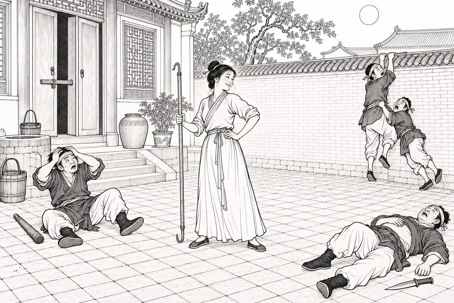 A line drawing in the manner of a late-Qing lithographed edition: on a moonlit night in the brick-paved courtyard of a wealthy house, a young woman in a plain jacket and long skirt stands in the centre, holding a long hooked carrying pole upright with one hand on her hip and looking back with a smile, while one burglar sits holding his head beside a cudgel, another lies sprawled on his back near a dropped knife, and two more cling to the garden wall trying in vain to climb it, with the hall doors, a well, buckets, a jar and a potted plant behind.