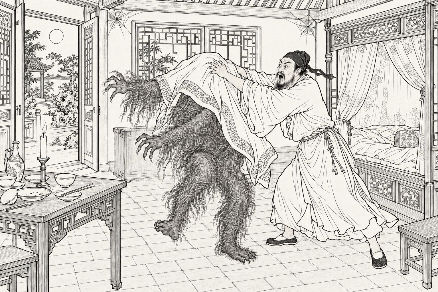 A line drawing in the manner of a late-Qing lithographed edition: on a moonlit autumn night in a garden pavilion room, a shouting bearded scholar in a white robe throws a quilt over the head of a tall shaggy hairy creature and presses it down while it staggers with arms flung out, beside a canopied bed, a table with a candle and empty dishes, a lattice window and an open door onto the moonlit garden.
