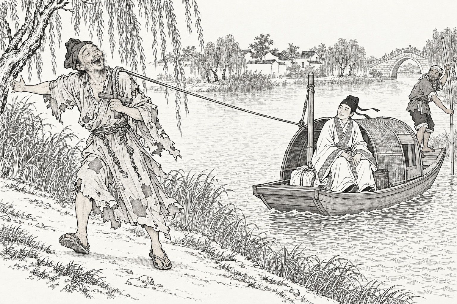 仿清末石印本的線描:垂柳河岸邊,戴布帽的衣衫襤褸的和尚沿著纖道大步走著,一臂伸出,放聲歌唱,肩上搭著纖繩,手握一根小橫木;纖繩連到一條篷船的桅杆上,船頭坐著青年書生,船尾有個船伕撐篙。