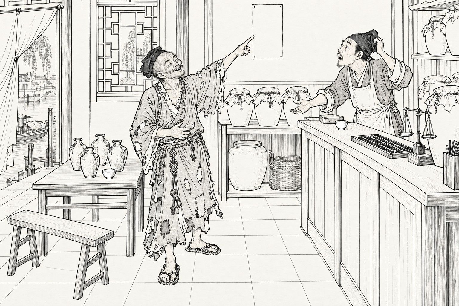 A line drawing in the manner of a late-Qing lithographed edition: in a wine shop at a river landing, a ragged monk laughs and points up at a blank slip of paper on the wall, while the young manager behind the counter scratches his head with his mouth open, one hand held out; wine jars stand on the shelves and the counter holds an abacus and scales.