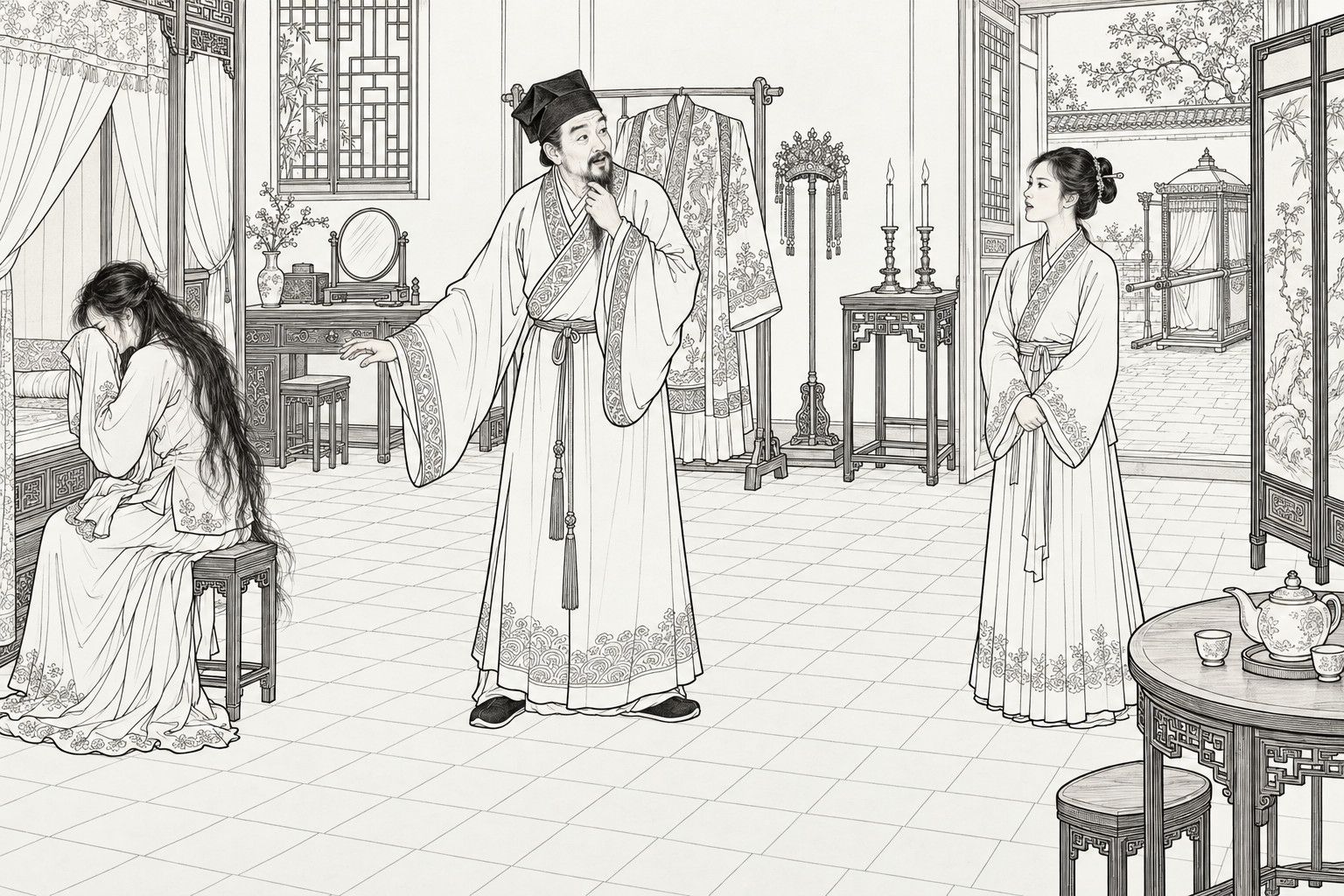 A line drawing in the manner of a late-Qing lithographed edition: in a gentleman's house on a wedding day, a weeping girl with loose hair sits on a stool at the left with her sleeve over her face, while her bearded father in a scholar's cap stands in the middle of the bedroom stroking his beard and turning in surprise toward her younger sister, who stands at the right with folded hands, near a hanging wedding gown, a dressing table, a canopied bed and an open door showing an empty bridal sedan chair in the courtyard.