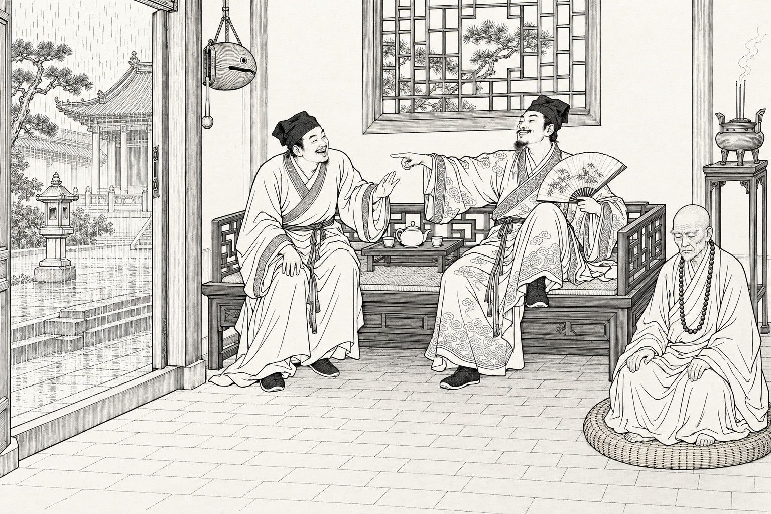A line drawing in the manner of a late-Qing lithographed edition: in a monastery guest room with heavy rain falling in the courtyard outside, a scholar lounging on a couch with a folding fan points grandly across at his laughing companion; a tea tray sits between them, and an old monk with prayer beads sits on a straw cushion at the right, eyes lowered and unmoved.