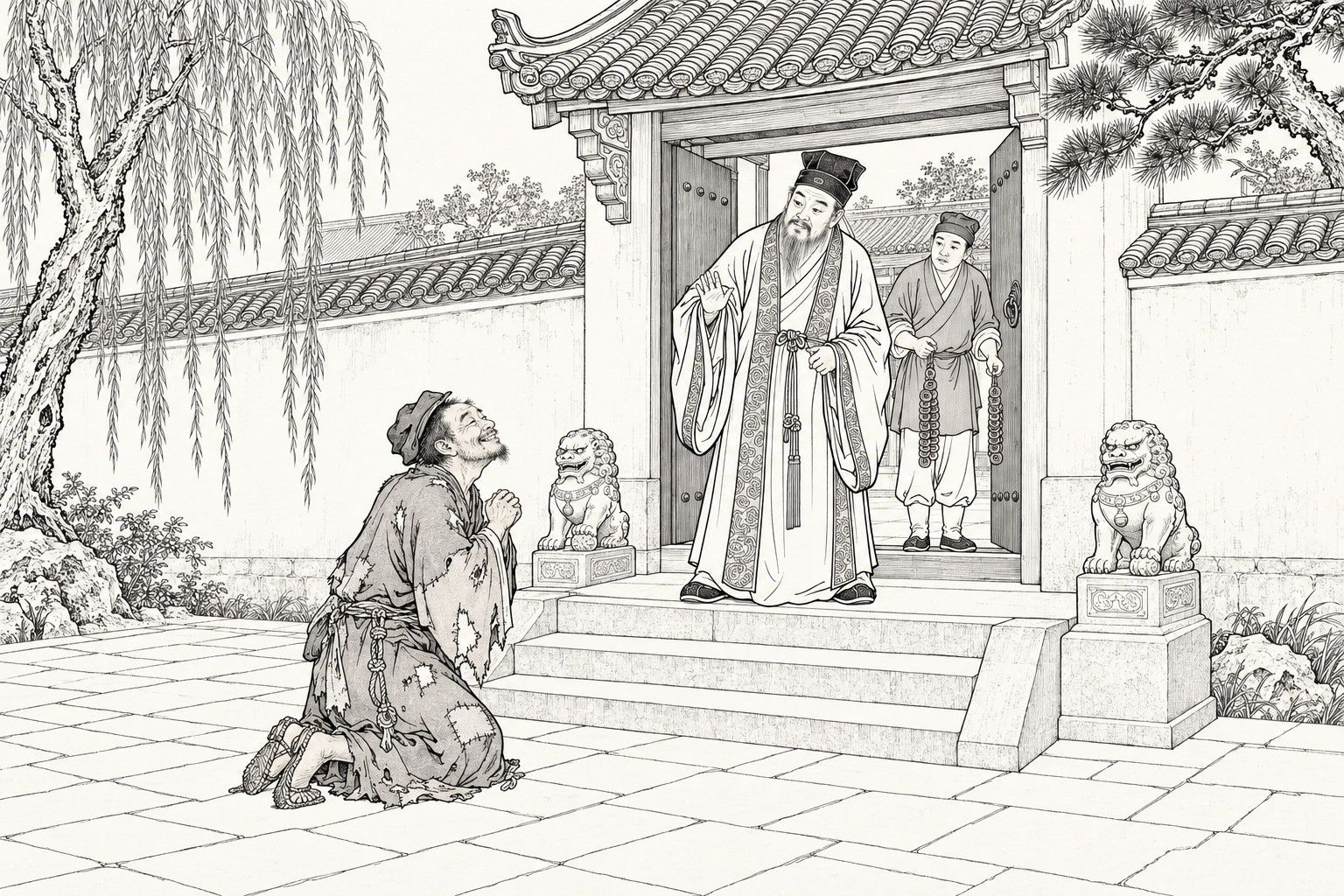 A line drawing in the manner of a late-Qing lithographed edition: at the gate of a large house, a ragged monk kneels on the paving looking up with a grin, a long-bearded old man with a sword at his hip steps back with one hand raised, and a servant in a headcloth holds out a bowl-shaped dish.