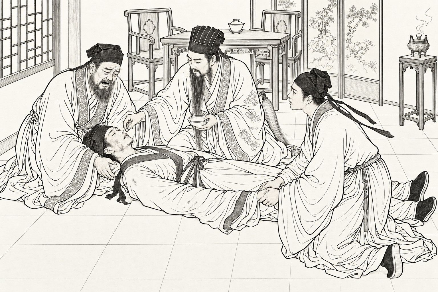 A line drawing in the manner of a late-Qing lithographed edition: in a side room, a young man in a scholar's cap lies flat on his back on the floor with his eyes closed, an old bearded man kneels at his head holding it and weeping, a tall Daoist with a whisk kneels at his side slipping a pill between his lips with a bowl of water in the other hand, and a younger man kneels gripping his hand.
