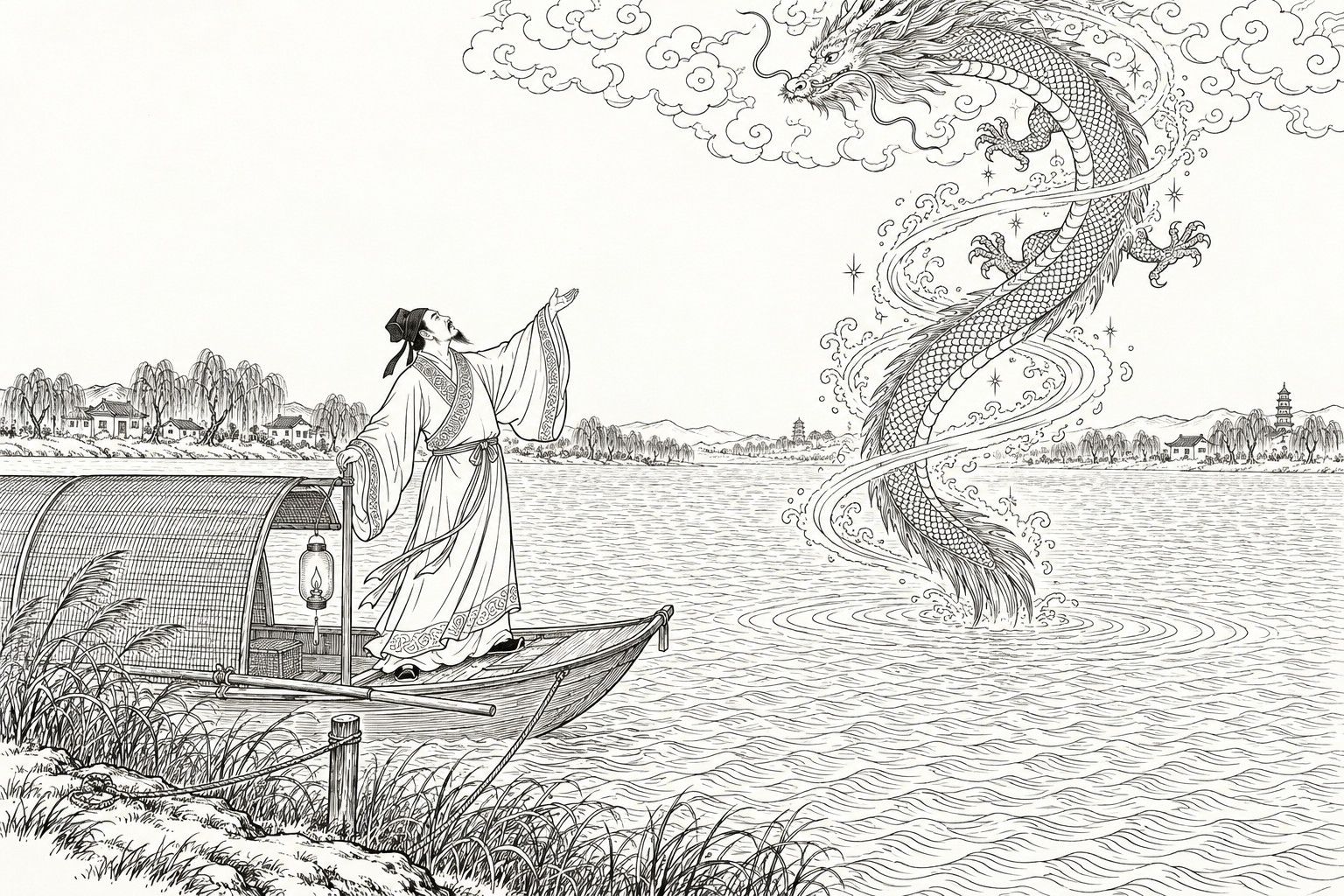 A line drawing in the manner of a late-Qing lithographed edition: on a broad river at night, a lone scholar in a soft cap and wide-sleeved gown stands at the bow of a small canopied boat moored to a reedy bank, one hand on the canopy post and the other sleeve raised, gazing up at a great scaly dragon that hangs from curling clouds and dips its tail into the water, while a spiralling band of glittering water climbs its body, with willows, village roofs and a small pagoda on the far shore.