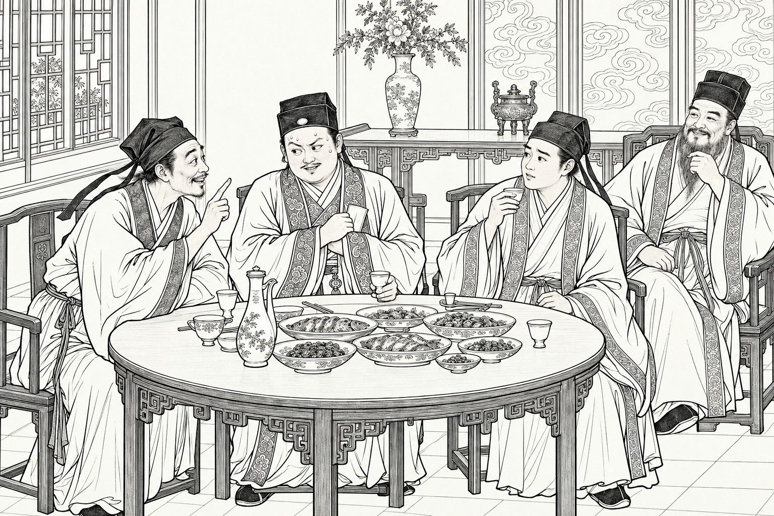 A line drawing in the manner of a late-Qing lithographed edition: around a round dinner table laden with dishes, a young man in a cap points a finger and jokes, a sweating man clutches a paper packet in his sleeve, a young man in a scholar's cap holds up his wine cup with a puzzled look, and an old bearded man smiles from the head of the table.