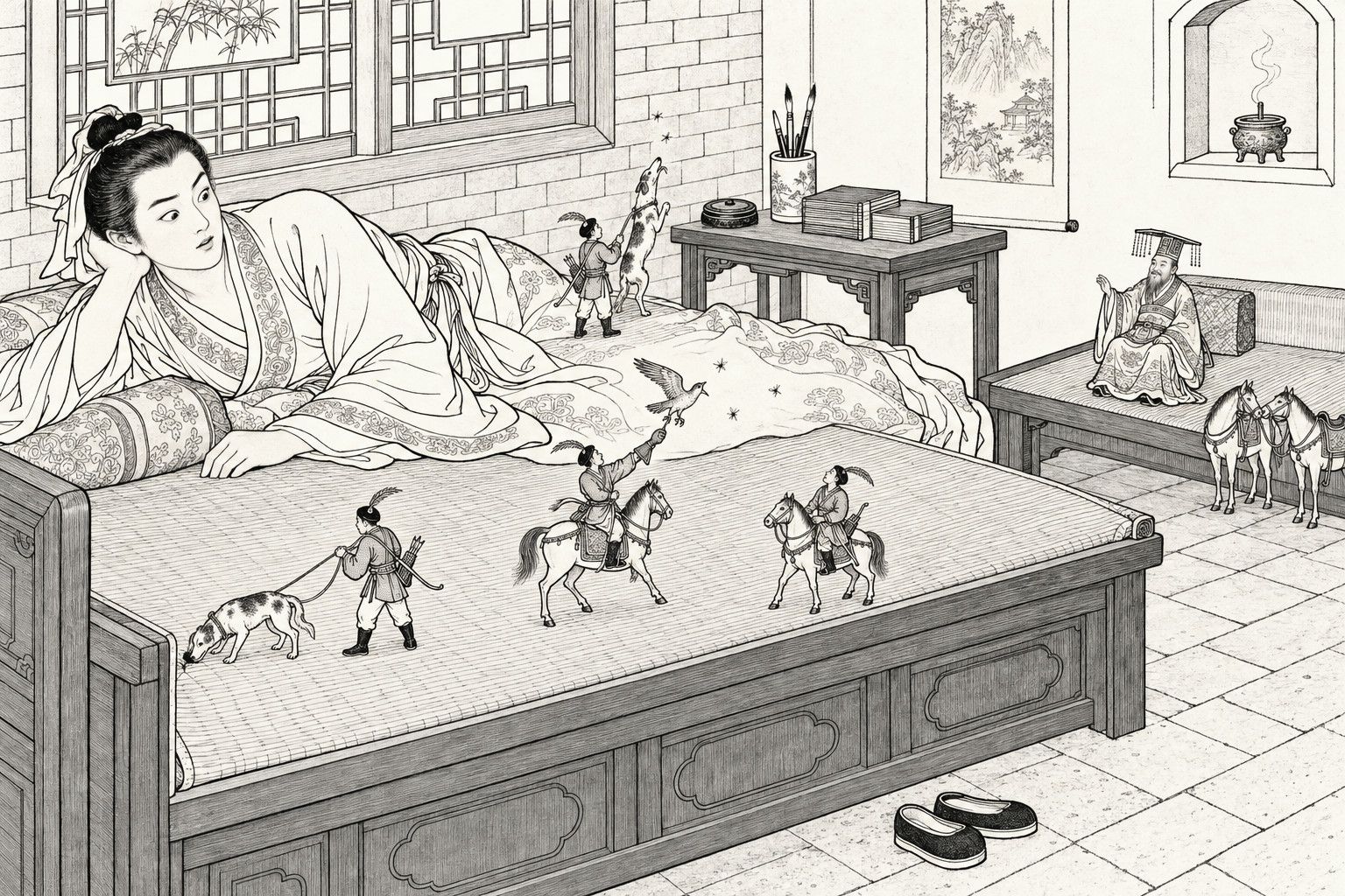 A line drawing in the manner of a late-Qing lithographed edition: in a monastery study room by day, a young scholar lies propped on one elbow on his bed, watching wide-eyed as a tiny hunting party of mounted and foot huntsmen with a hawk and hounds crosses the bed mat, while a tiny crowned king in a long robe sits on a couch across the room beside two small horses, with a lattice window, brick wall, writing table with books and brush pot, and a pair of shoes on the paved floor.