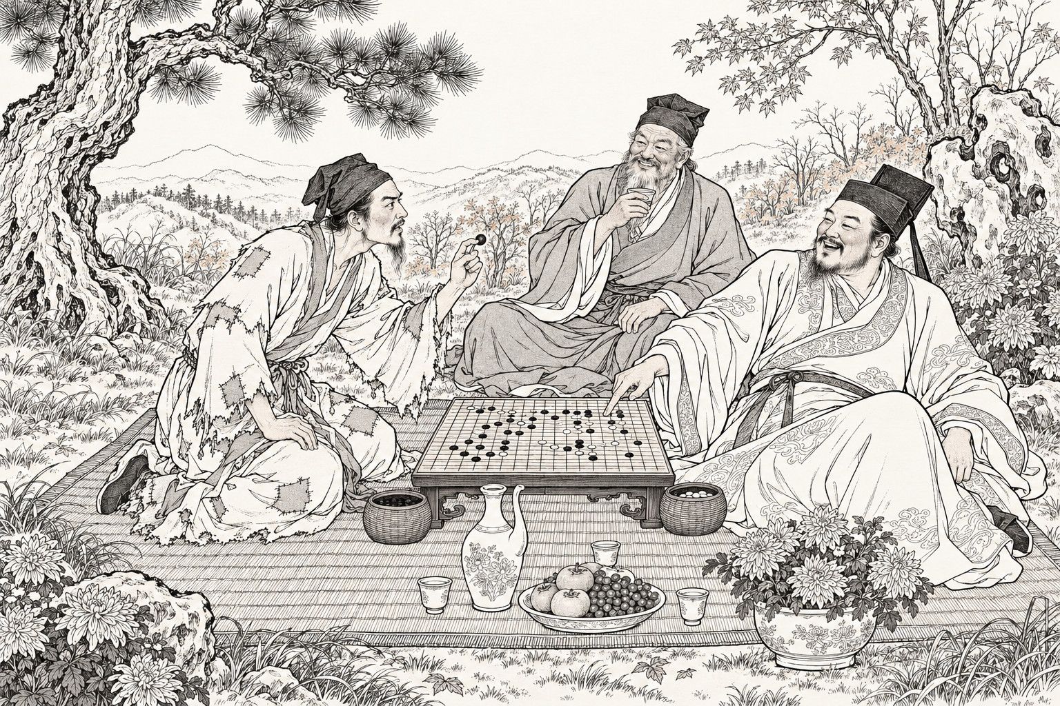 A line drawing in the manner of a late-Qing lithographed edition: On an autumn hillside clearing among pines, rocks and maples, a ragged patched scholar kneels at a go board holding up a stone in argument, a well-dressed gentleman leans back laughing and points at the board, and an old gentleman seated behind them smiles over his wine cup, with a wine jug, cups, fruit and chrysanthemums on the straw mat.
