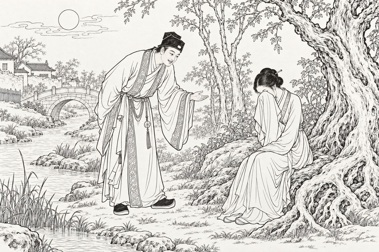 A line drawing in the manner of a late-Qing lithographed edition: on a moonlit night beside a stream near a small arched stone bridge, a well-dressed young man in a wide-sleeved robe bends forward with a smile and holds out a hand to a young woman who sits against a gnarled old tree, hiding her weeping face in her sleeve, with reeds, rocks and sparse trees around them.