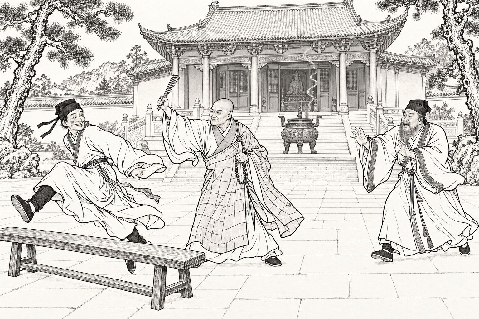 仿清末石印本的線描：有大香爐的山寺大殿前，戴儒巾的青年笑著抬腿跨過一條長凳；戴念珠的光頭方丈目光含笑，舉起一把筷子；右邊的老人驚慌地張開雙手。