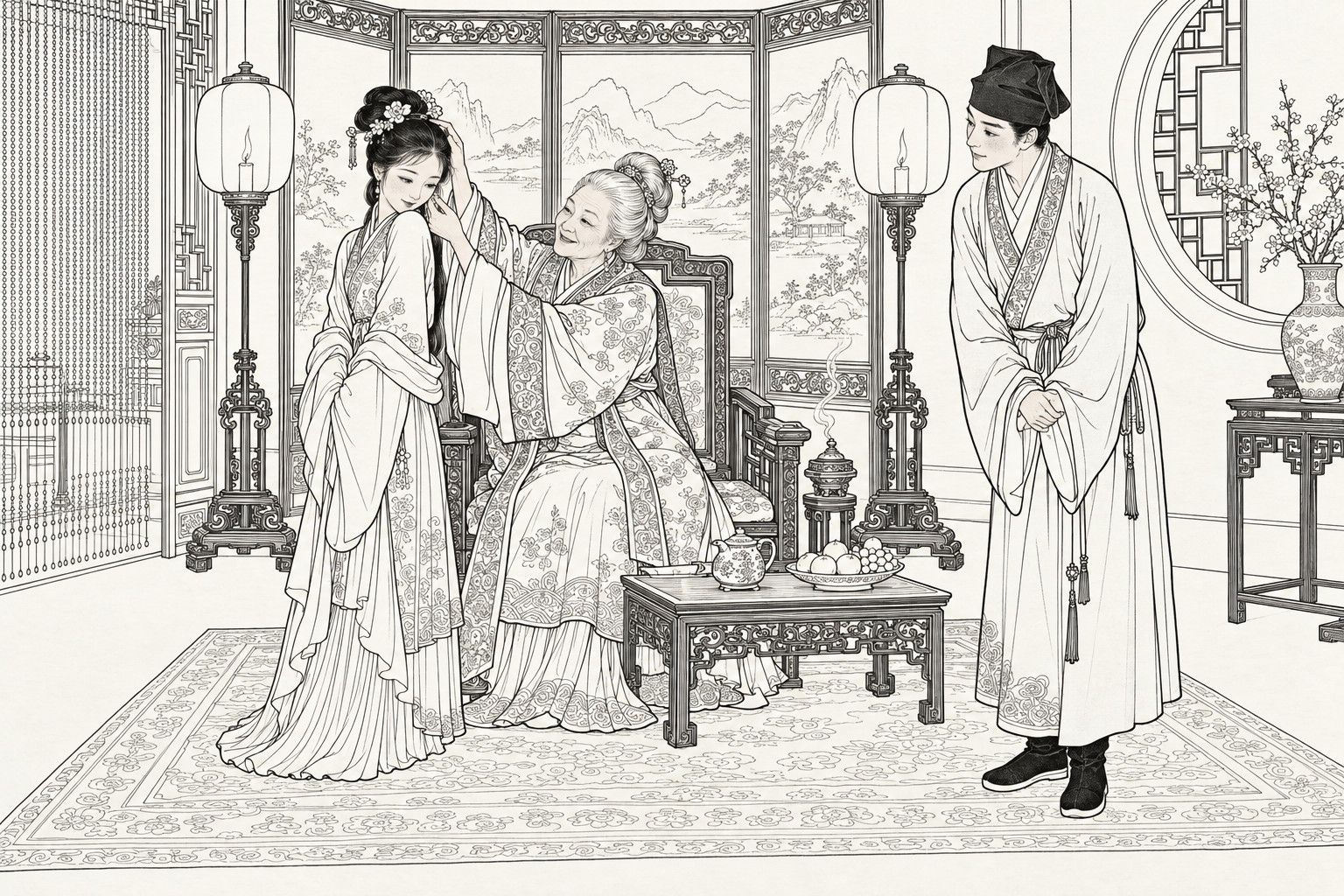 A line drawing in the manner of a late-Qing lithographed edition: in a hall with a painted screen and lantern stands, an elderly lady seated in a carved chair reaches up to tidy the hair and earring of a smiling young woman who bows her head shyly; a young scholar stands to the side with hands clasped, gazing at her; a tea set and fruit dish are on the low table.