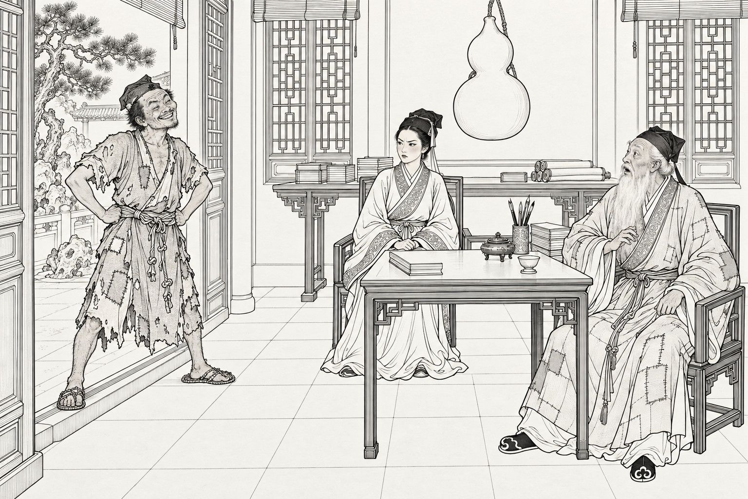 A line drawing in the manner of a late-Qing lithographed edition: in a pavilion hall with a gourd hanging from the ceiling, a ragged monk stands grinning in the open doorway with his fists on his hips, a woman in a Daoist headdress sits stiffly at a table with her lips pressed together, and an old white-bearded Daoist in a patched robe looks up in surprise.