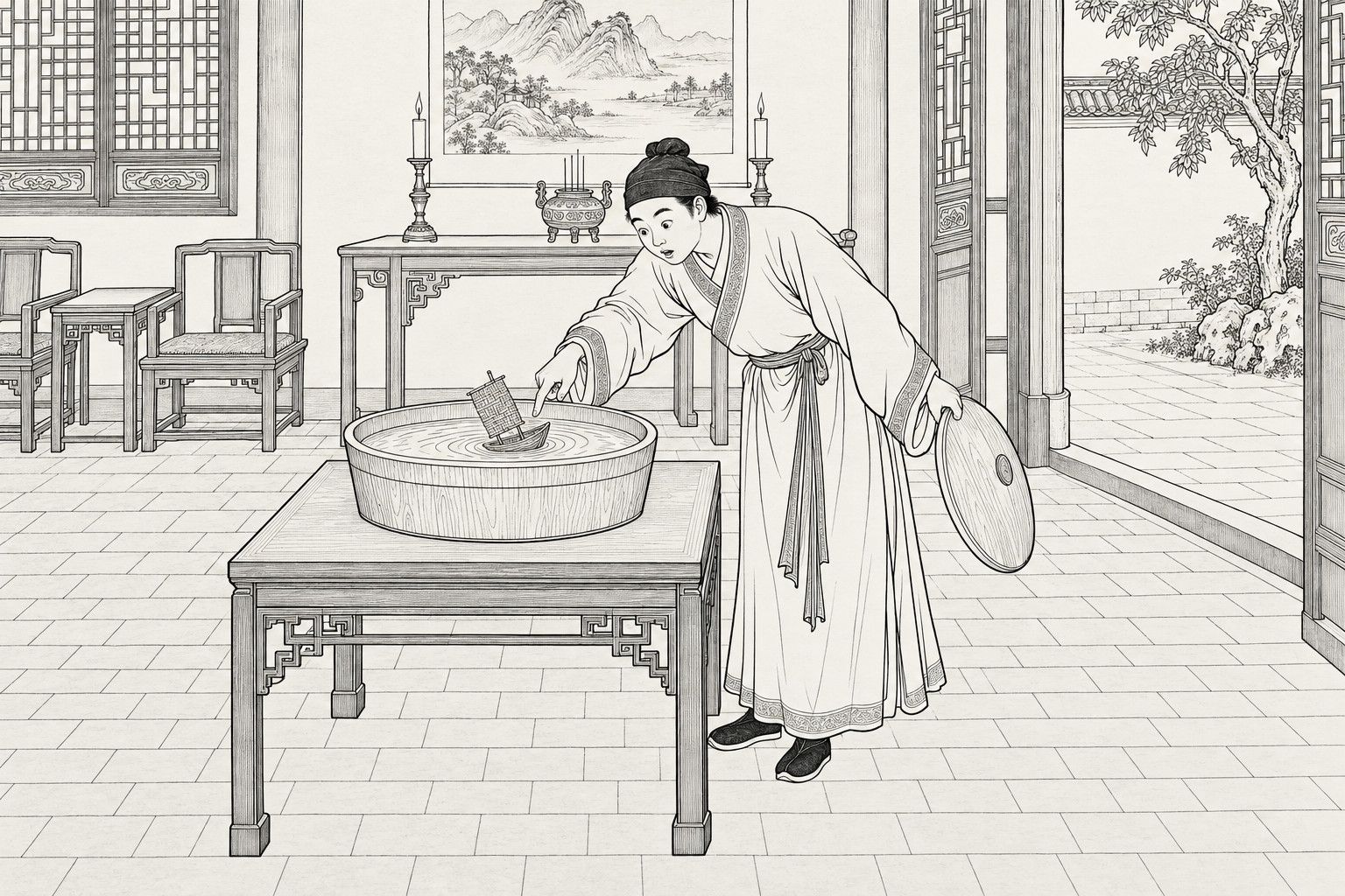 A line drawing in the manner of a late-Qing lithographed edition: by daylight in the main hall of a house, a young disciple in a soft cap and long gown bends over a square table, holding a round basin cover in one hand and poking a little straw sailboat floating in a basin of water with the forefinger of the other, while a side table with an incense burner, candlesticks and a landscape scroll, armchairs, a lattice window and an open doorway onto a courtyard tree fill the room.