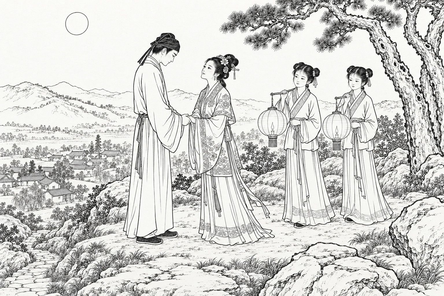 A line drawing in the manner of a late-Qing lithographed edition: on a moonlit night on a hilltop above a village, a finely dressed young woman looks up with a sorrowful smile and clasps the hand of a bowing young man in a plain gown, while two young maids behind her each hold a lantern on a short pole, with an old pine, rocks, a stony path and small village roofs below.