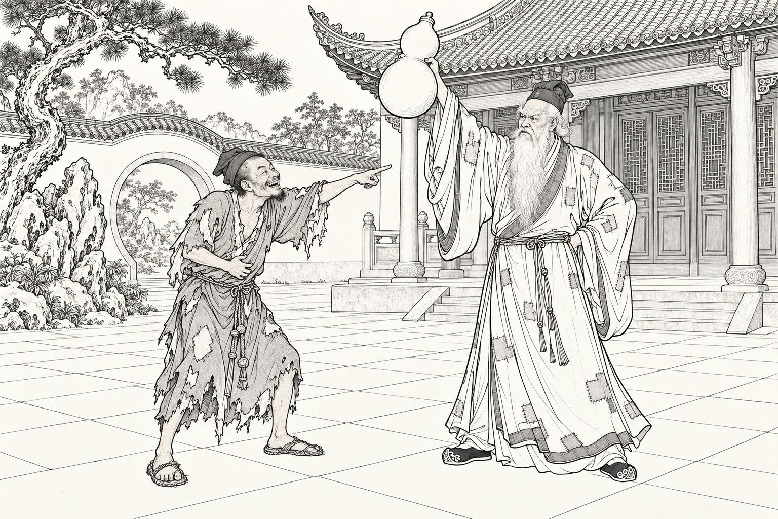 A line drawing in the manner of a late-Qing lithographed edition: in a temple courtyard with a moon gate, an old white-bearded man in a patched robe holds a double gourd high in one hand with a glare, and a ragged monk with a hand on his belly laughs and points at it.