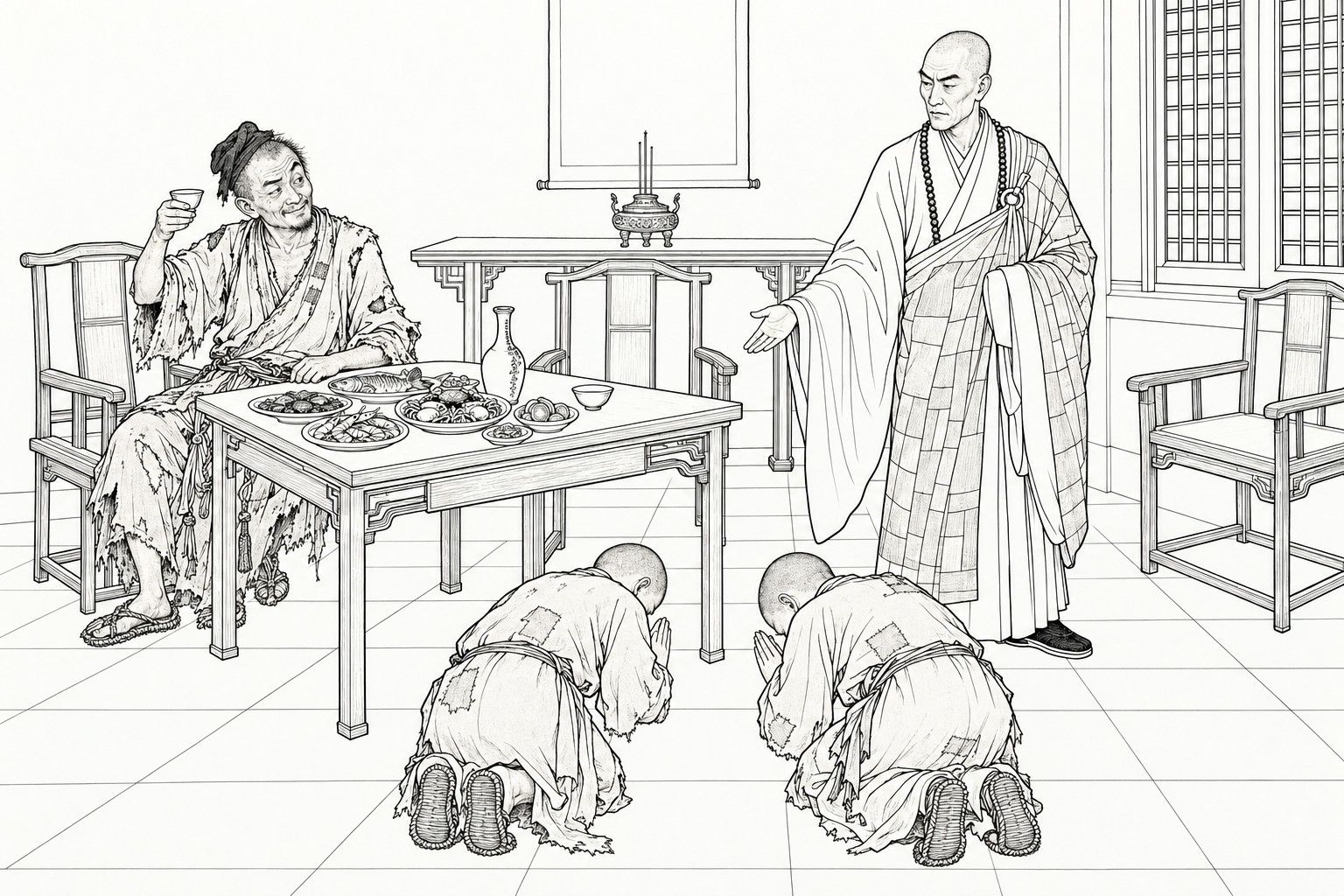 A line drawing in the manner of a late-Qing lithographed edition: in a room with a table laid with fish and other dishes, a ragged monk sits raising a wine cup with one eyebrow lifted, while a bald, stern monk in a patchwork robe and prayer beads gestures toward two shaven young novices in patched robes kneeling and bowing before him with joined palms.