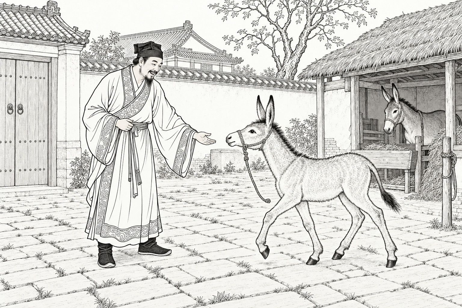 A line drawing in the manner of a late-Qing lithographed edition: on a clear day in the paved yard of a country house, a smiling gentleman in a scholar's cap and wide-sleeved gown holds out an open hand to a long-legged young donkey foal trotting toward him on a halter rope, while a grown donkey looks on from a thatched stable shed with a manger and hay, and a whitewashed wall, wooden gate, tiled roofs and a sparse tree stand behind.