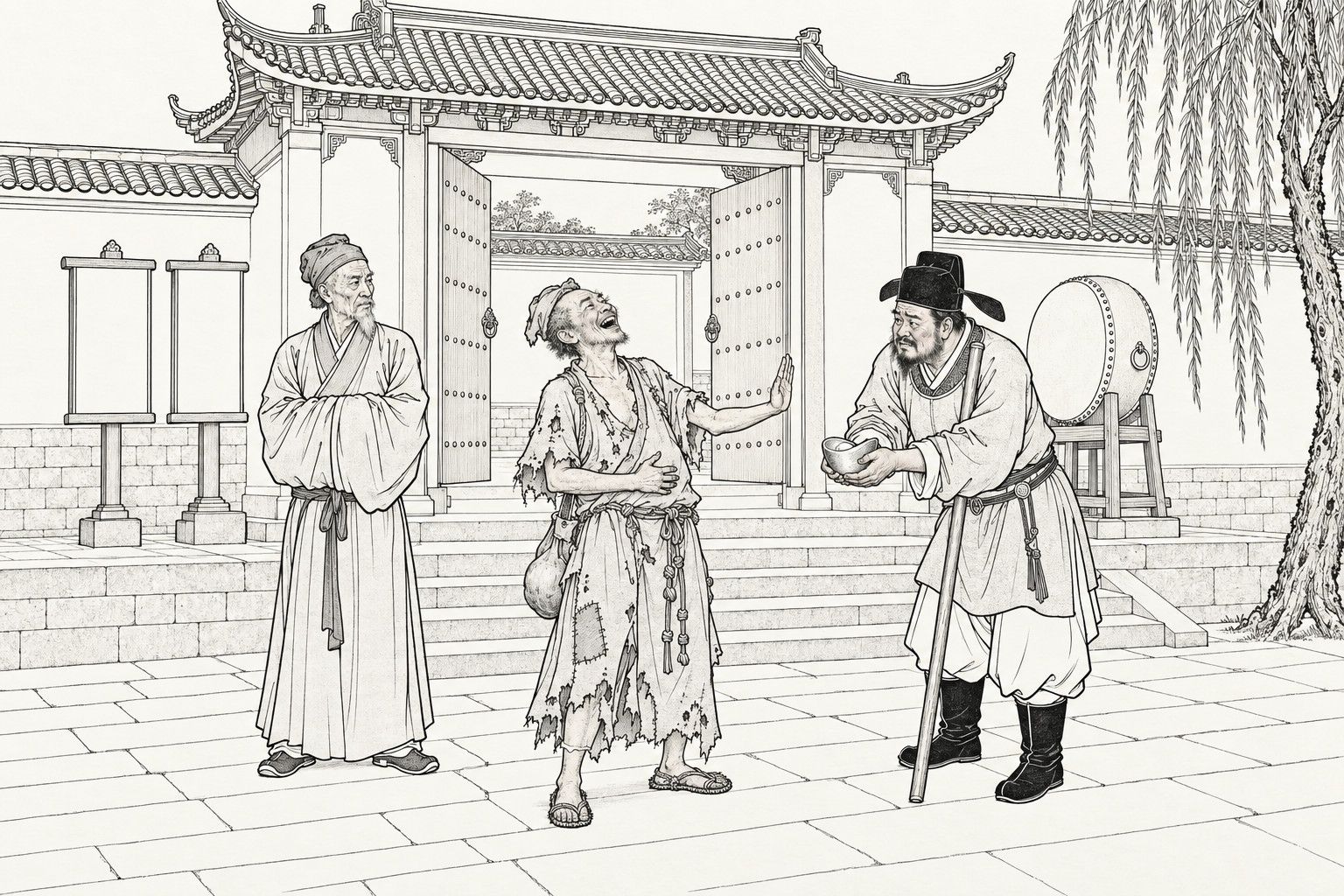 A line drawing in the manner of a late-Qing lithographed edition: before a yamen gate with a drum and two blank notice boards, a ragged monk with a gourd at his back laughs with his head thrown back and waves away a lump of silver, a bailiff in a winged cap with a staff holds it out in both hands, and a stern old man stands with his arms folded in his sleeves.