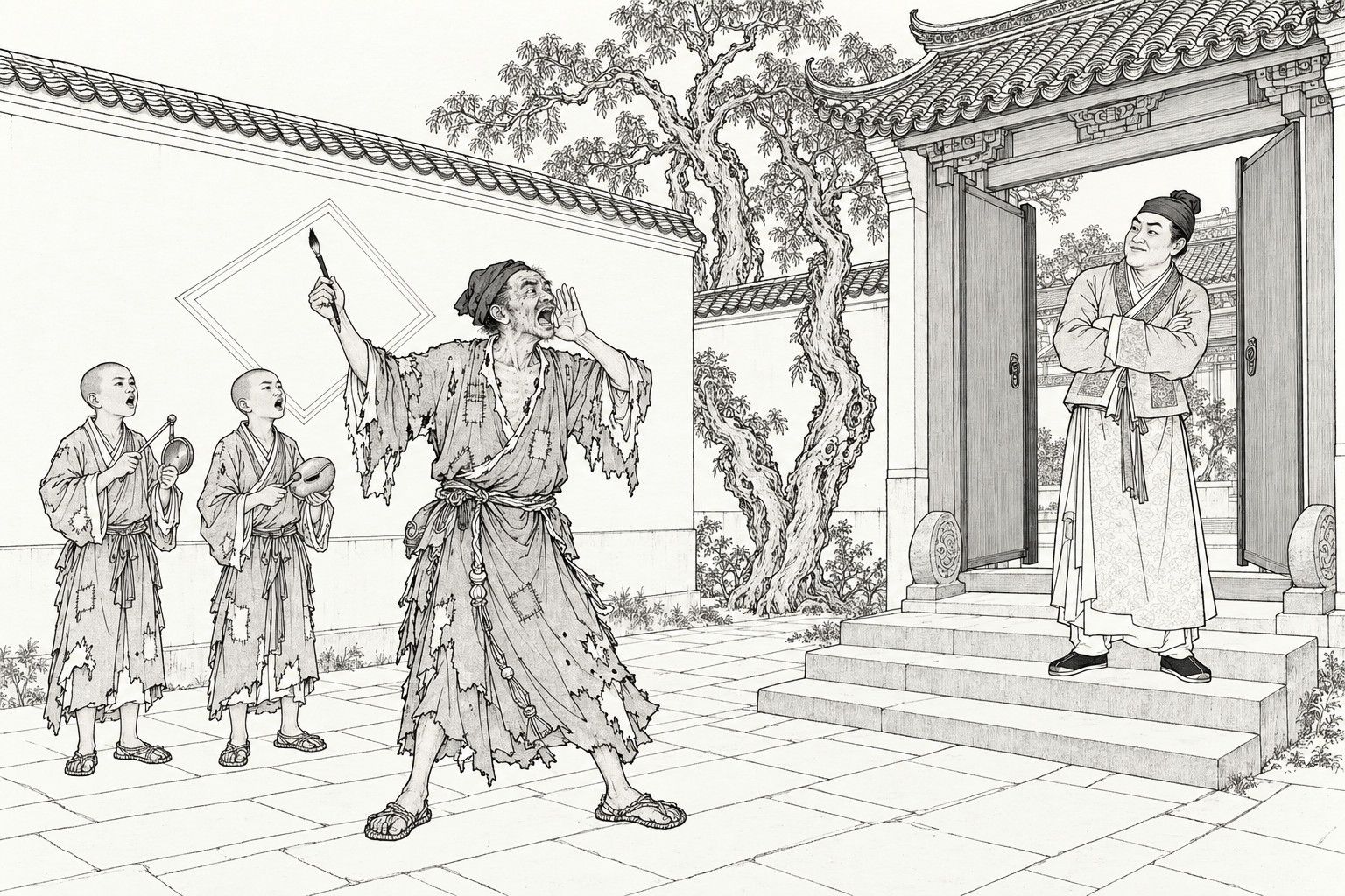 A line drawing in the manner of a late-Qing lithographed edition: in front of a gate with a drum-stone and a willow, a ragged monk shouts with a hand cupped to his mouth and a brush raised in the other, while two shaven young novices behind him strike a hand chime and a wooden fish and a man in a robe stands on the steps with folded arms, half smiling; a blank diamond frame is drawn on the whitewashed wall.