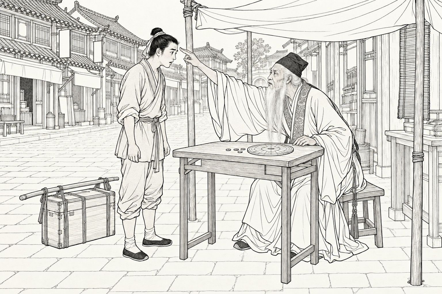 A line drawing in the manner of a late-Qing lithographed edition: on a market street under a cloth awning, an old white-bearded man in a black cap, with a divination plate and counters on his table, points two fingers at the brow of a young man with a topknot who stands before him pale and wide-eyed, a pedlar's chest and carrying pole on the ground beside him.