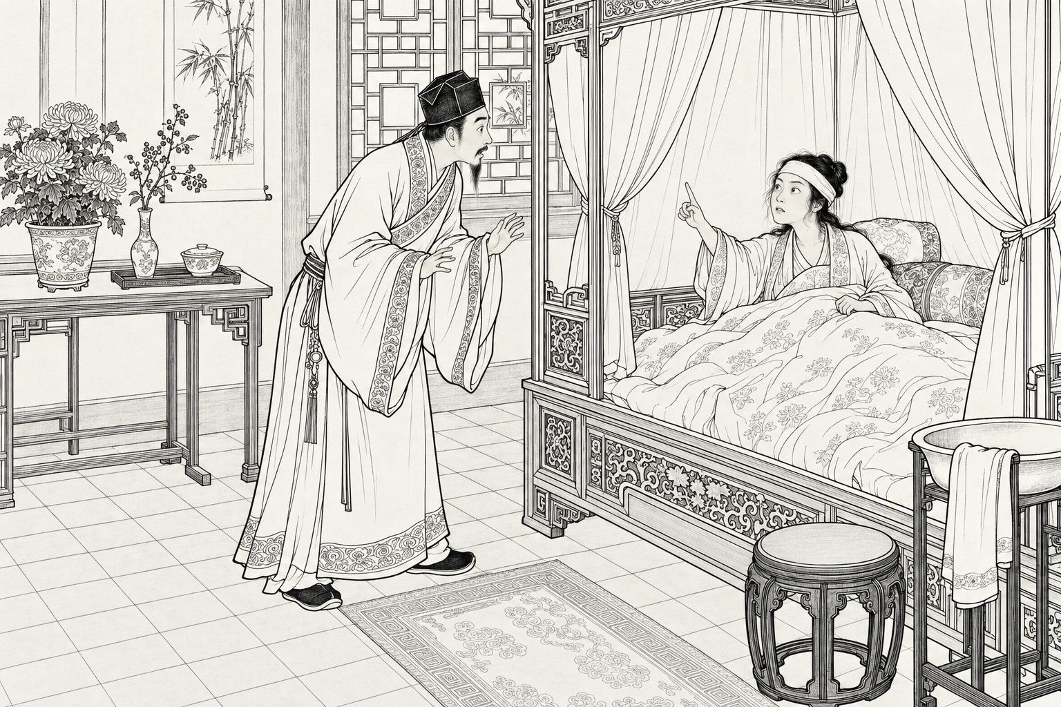 A line drawing in the manner of a late-Qing lithographed edition: on an autumn morning in a scholar's bedroom, a sick young wife sits half upright in a curtained canopy bed and points a scolding finger, while her husband, already in cap and gown, bends toward her with his hands raised in startled bewilderment, beside a table holding a potted chrysanthemum, dogwood sprigs and a medicine bowl.