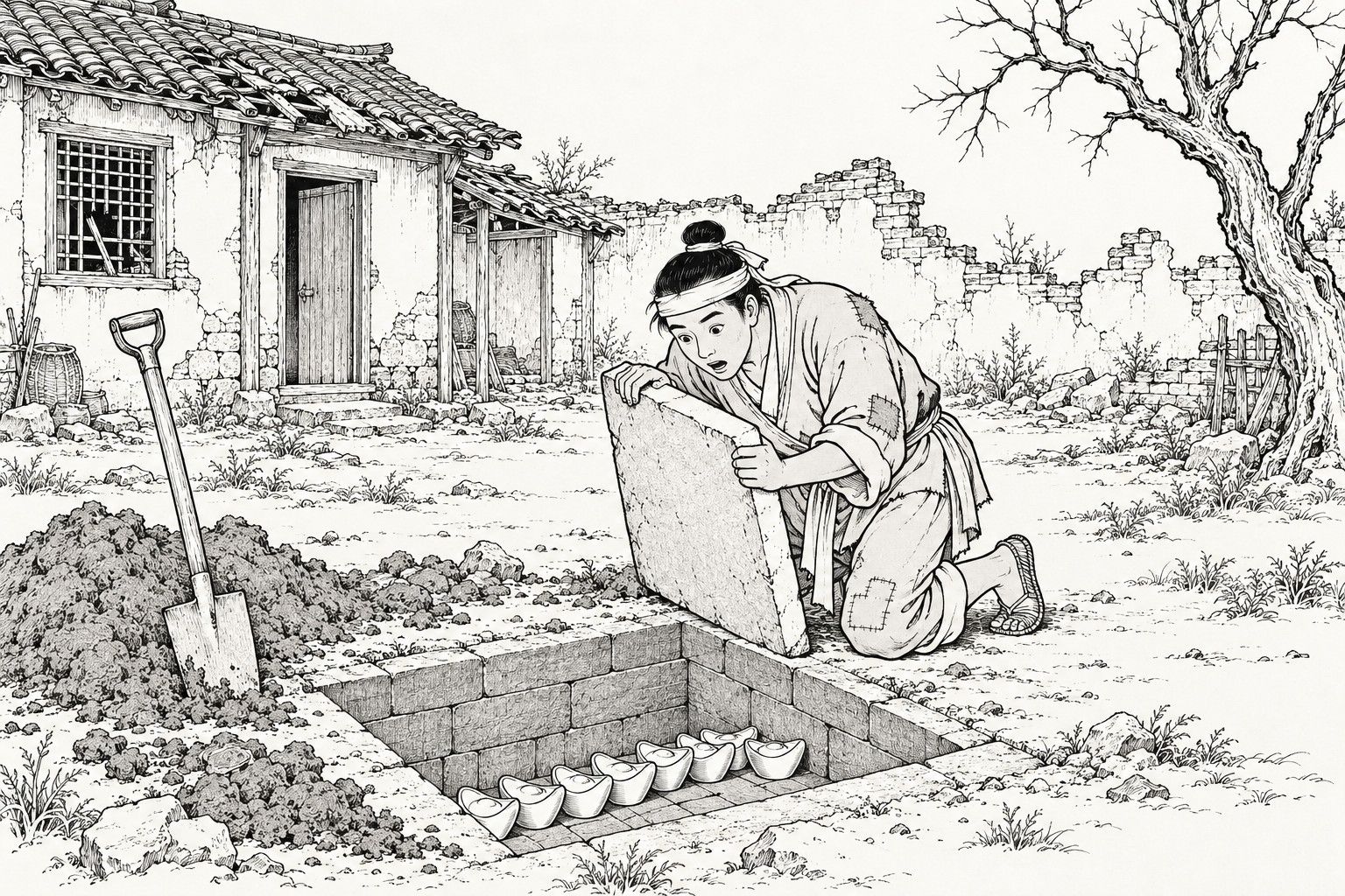 A line drawing in the manner of a late-Qing lithographed edition: in the ruined yard of a poor house with a bare tree, a young man in a headband and patched clothes kneels at the edge of a stone-lined pit holding a flat slab aside with both hands and staring in wonder at a row of shoe-shaped ingots below; a shovel stands in a heap of earth beside him.