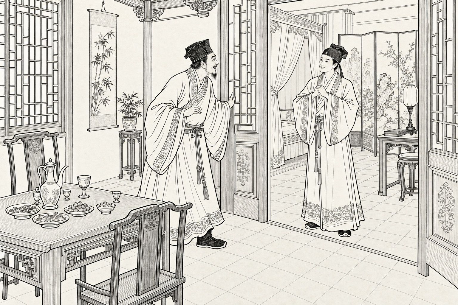 A line drawing in the manner of a late-Qing lithographed edition: in the main hall of an old house by day, a bearded scholar in a square cap and wide-sleeved gown leans forward with one hand on the open bedroom door, while a fair young man in a soft cap stands just inside with hands folded, smiling; a table set with a wine jug, cups and dishes, high-backed chairs, a bamboo scroll and lattice windows fill the hall, and a curtained bed, painted screen and lamp show through the doorway.