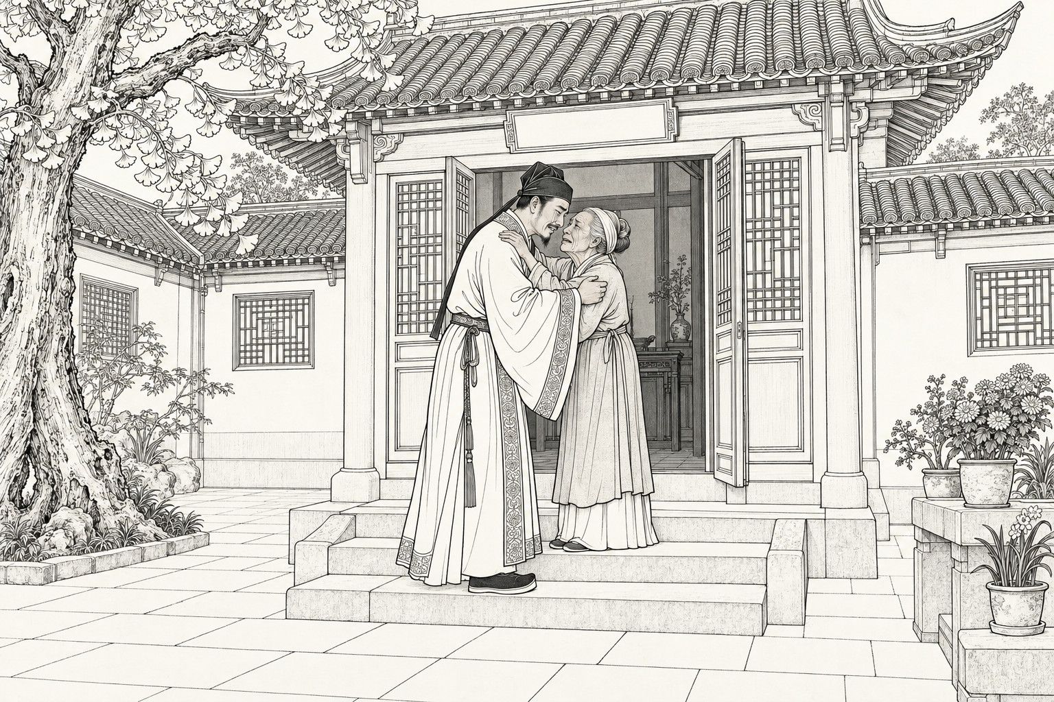 A line drawing in the manner of a late-Qing lithographed edition: on the steps of a convent building with a ginkgo tree beside it, a man in a cap and long robe holds an old woman with a white headcloth by the shoulders, their faces close together, and she lays her hands on his shoulders, both weeping.