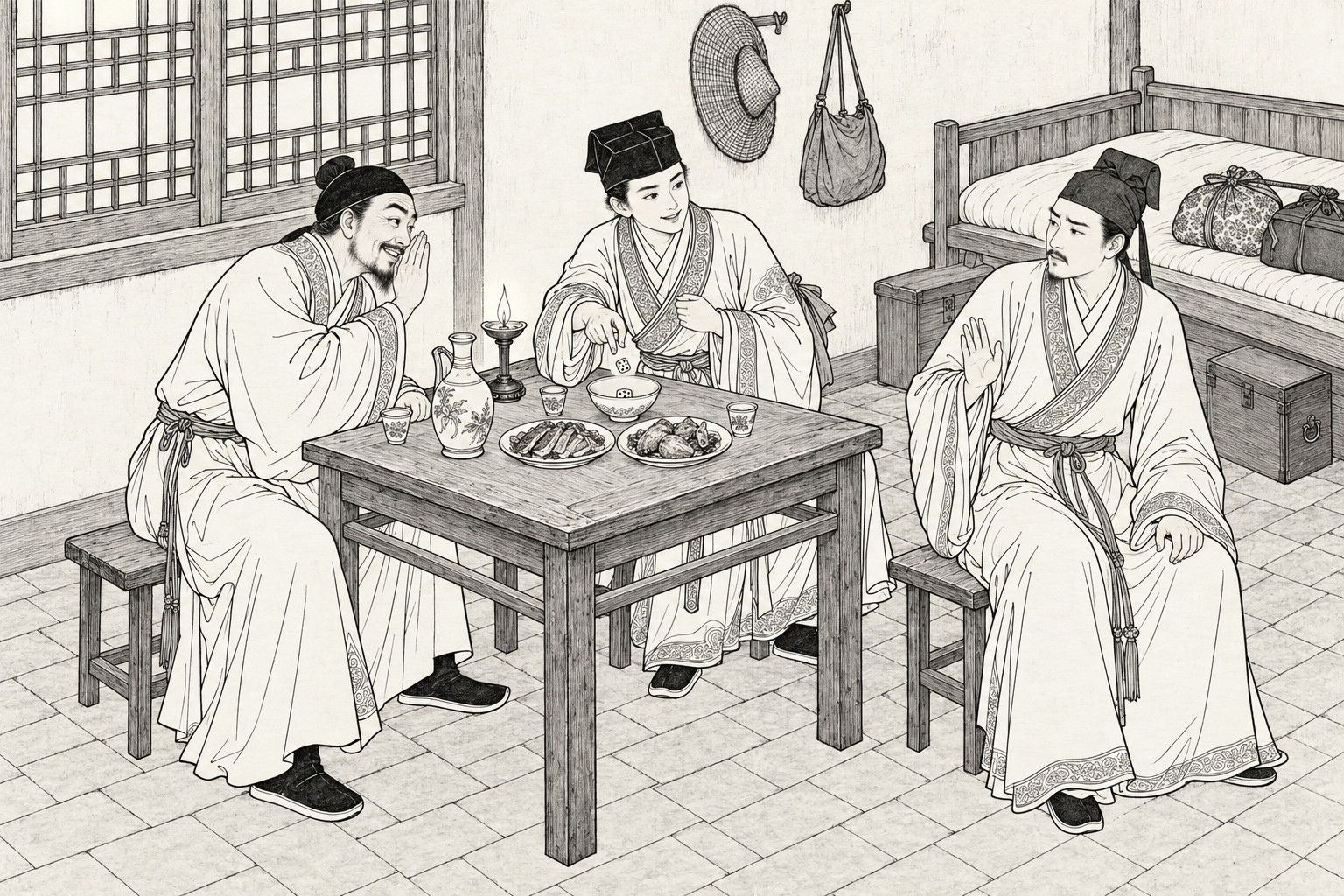 A line drawing in the manner of a late-Qing lithographed edition: In the room of a country inn in the evening, a smiling older traveller cups his hand beside his mouth to whisper while a delicate youth flicks a die into a bowl, and a scholar seated at the right raises one palm in polite refusal, around a small square table set with wine jug, cups, dishes of meat and an oil lamp, with a lattice window, a bed with bundles and a chest behind them.