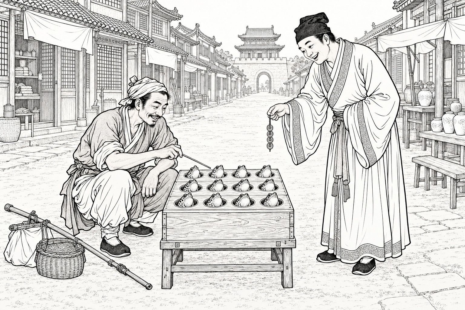 A line drawing in the manner of a late-Qing lithographed edition: on a daytime market street in a capital city, a crouching street entertainer taps a frog with a thin stick on a wooden box with twelve holes, each holding a frog, while a smiling townsman in a long gown holds out a string of copper coins, with shop fronts, a stall with jars and a distant city gate tower behind them.