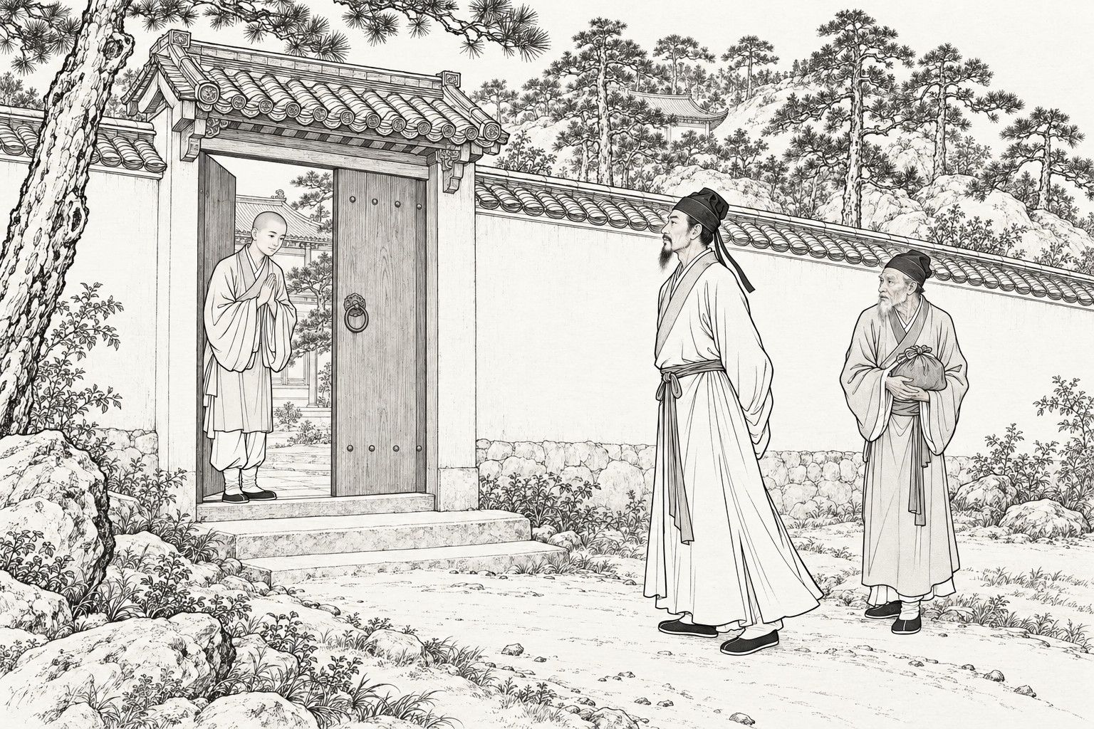 仿清末石印本的线描:松林间长长的白墙上的一道侧门边,剃发的年轻小沙弥站在门里,合掌微微躬身;一位戴儒巾、背着手的有须男子越过他向院里望去;他身后的老仆抱着一个小包袱。