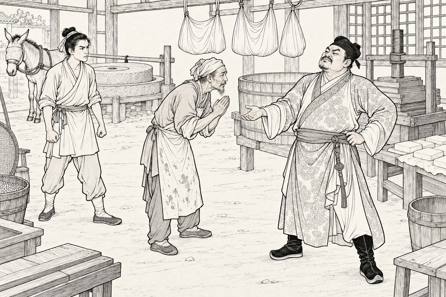 A line drawing in the manner of a late-Qing lithographed edition: inside a bean curd workshop with a millstone, a donkey and hanging cloth bags, a stout man in a patterned robe and cap stands with one hand on his hip and the other held out palm up, sneering, while an old man in an apron and headcloth bows with palms pressed together and a thin young man behind him stands with clenched fists.
