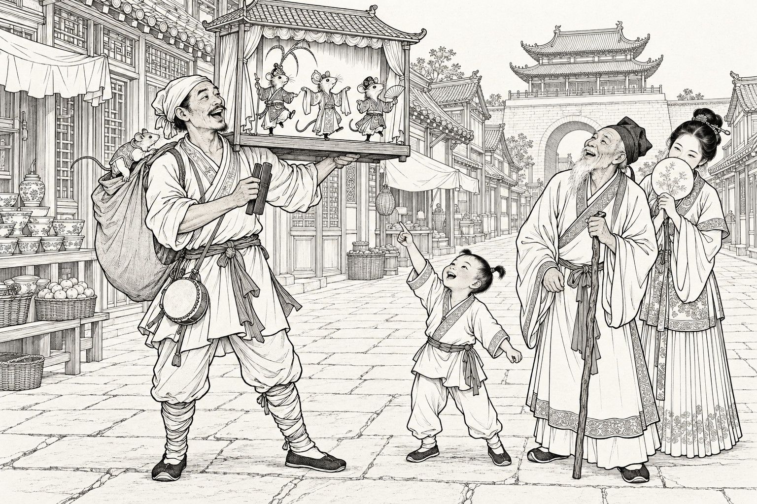 A line drawing in the manner of a late-Qing lithographed edition: on a stone-paved market street in an old walled city by day, a lean travelling performer with a sack on his back sings and beats wooden clappers while holding up a tiny roofed stage on which three masked, costumed mice dance and a fourth mouse climbs out of the sack, as a laughing little boy points up, a white-bearded old man with a staff looks on, and a young woman smiles behind a round fan, with shopfronts, a porcelain stall, fruit baskets and a gate tower behind.