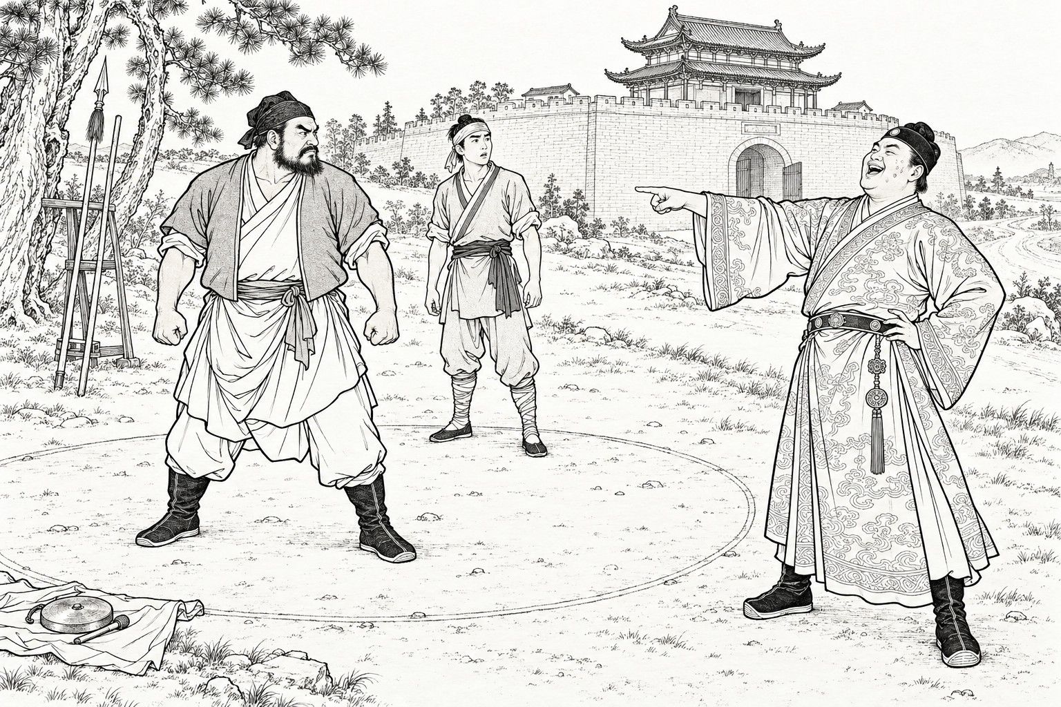 A line drawing in the manner of a late-Qing lithographed edition: on open ground before a city wall and gate tower, a bearded man in a headcloth stands in a chalked ring with clenched fists and a dark scowl, a young man in a headband stands to one side with his hands hanging, and a smooth-faced man in a patterned robe laughs and points at him; a gong and a spear rack lie nearby.