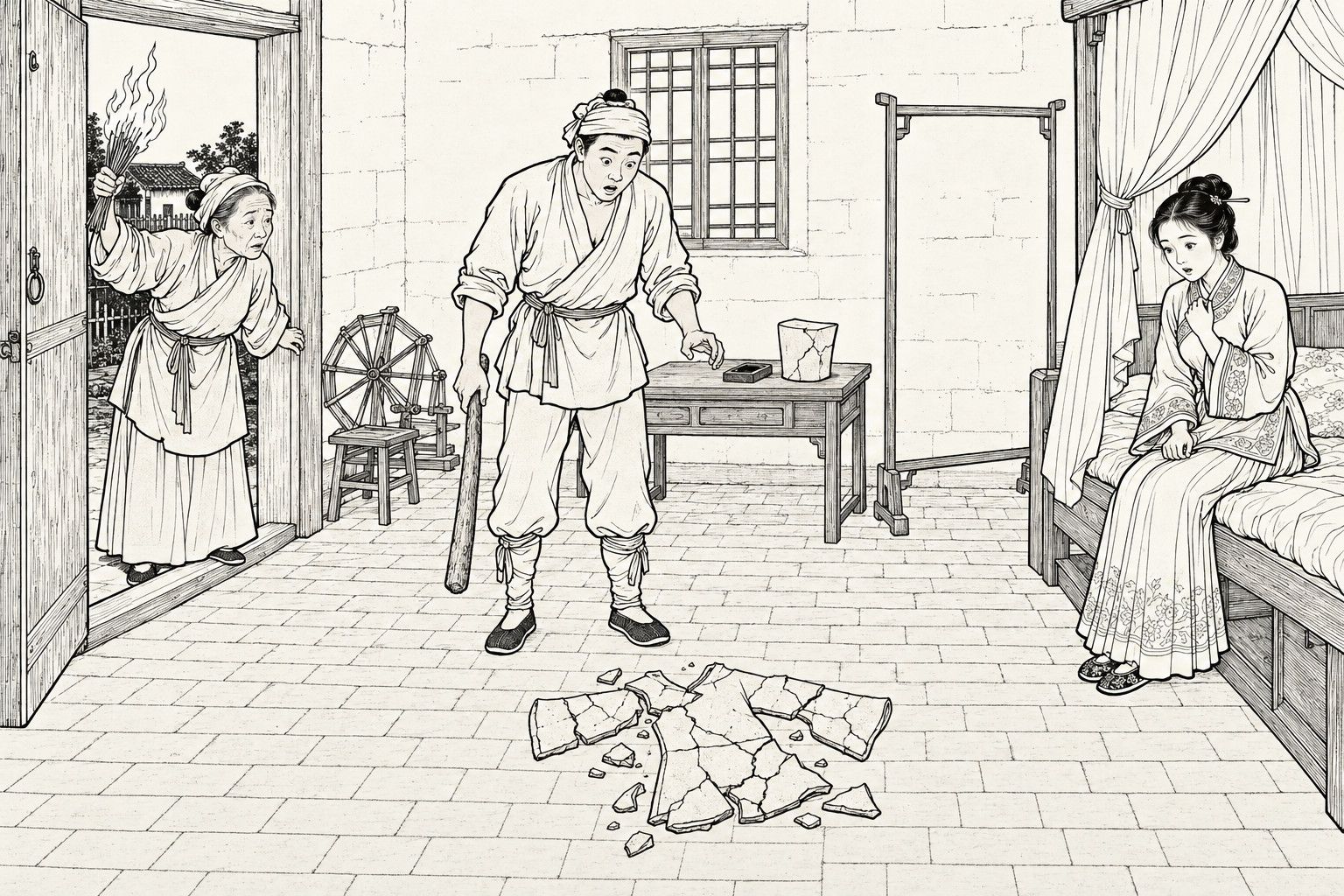 A line drawing in the manner of a late-Qing lithographed edition: inside a poor farmhouse bedroom at night, a young farmer holding a cudgel bends forward to stare at a shattered clay robe on the brick floor, while his old mother at the open doorway raises a burning bundle of kindling and his young wife sits on the edge of the bed with a hand at her collar, beside a table holding a clay cap and an empty clothes rack.