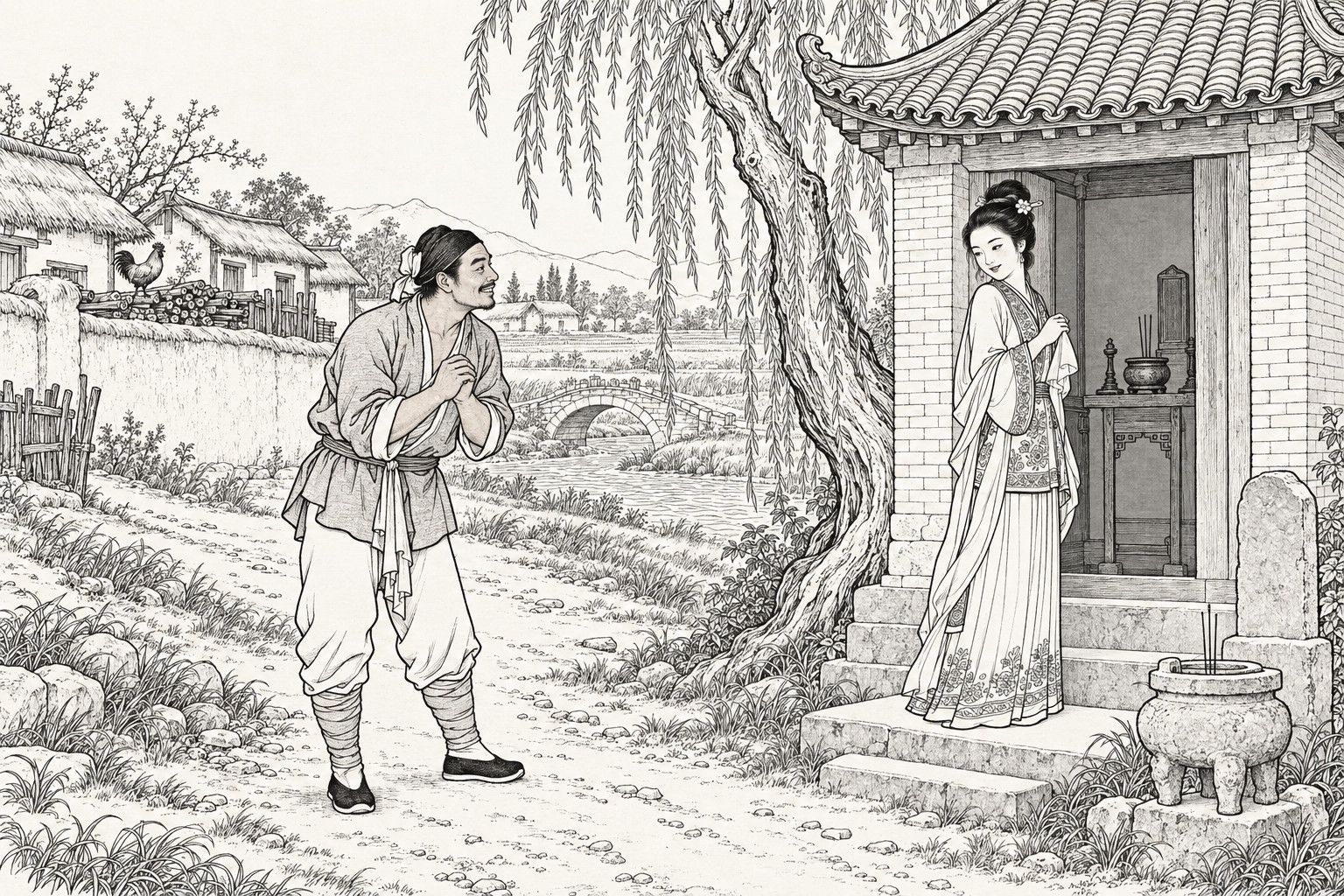 A line drawing in the manner of a late-Qing lithographed edition: on a spring day at the edge of a village, a sturdy villager in a head cloth and rough short jacket stops on the dirt path with his hands clasped and smiles, while a young woman in an embroidered jacket and long pleated skirt stands on the steps of a small brick roadside shrine and glances back at him, with a big weeping willow, a stone incense burner and tablet, a village wall with thatched cottages, and a small arched bridge in the distance.