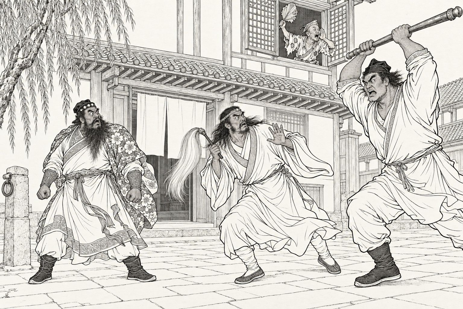 A line drawing in the manner of a late-Qing lithographed edition: in a street before a tavern with a willow, a huge man swings a thick metal staff high over his head, a long-haired monk with a whisk springs back with a hand raised, a bearded man in a flowered cloak stands with open mouth and clenched fists, and a ragged monk with a fan leans out of an upstairs window shouting.