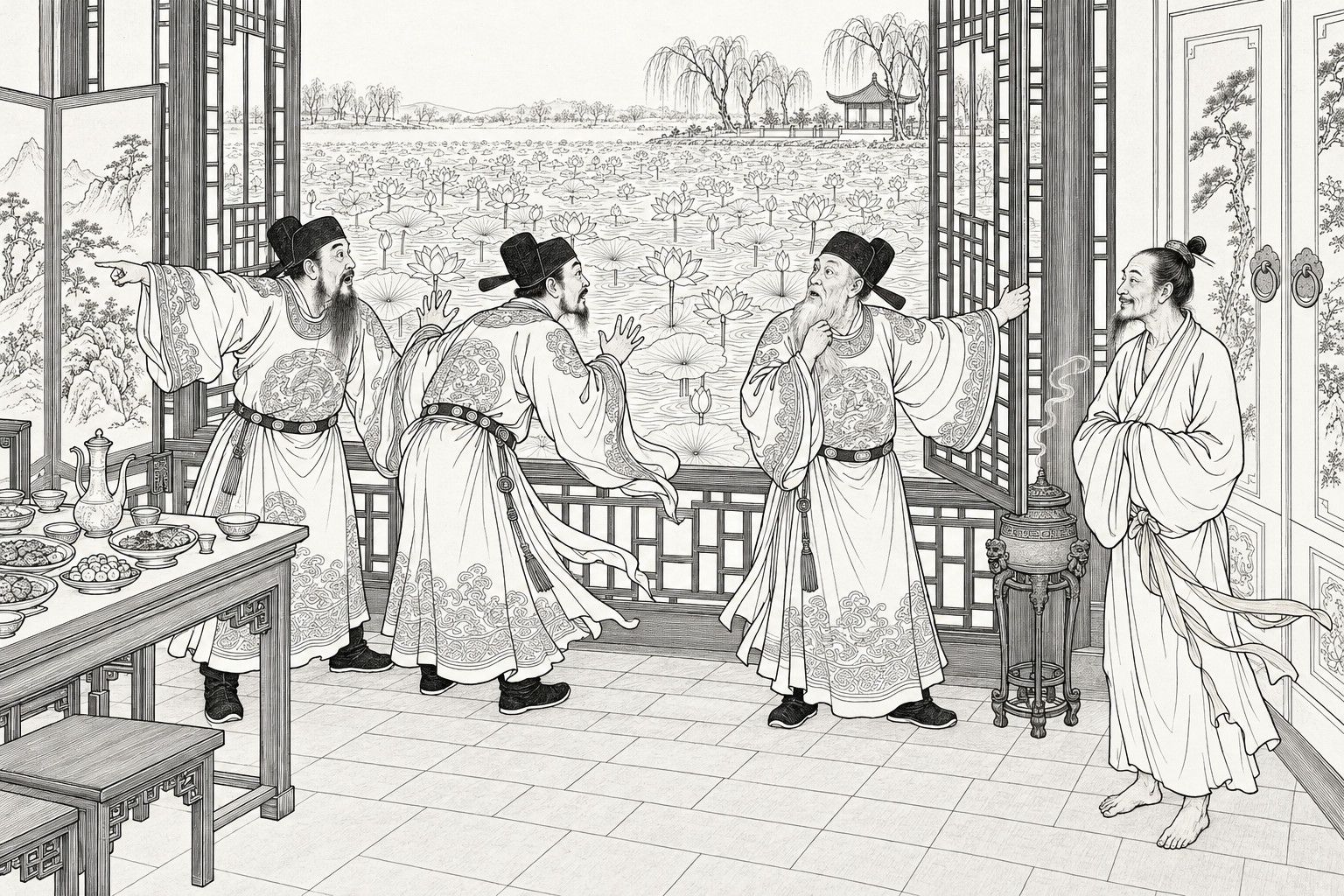 A line drawing in the manner of a late-Qing lithographed edition: inside a lakeside pavilion in winter during a banquet, three Ming-dress officials in black gauze caps have pushed open the lattice windows and stare at a lake suddenly full of lotus leaves and blooming lotus, one pointing, one leaning forward with raised hands, one holding the window open and stroking his beard, while a barefoot Daoist in a thin sashed robe stands to the right with hands in his sleeves, smiling, beside a laden table, a screen, a painted door and an incense burner.